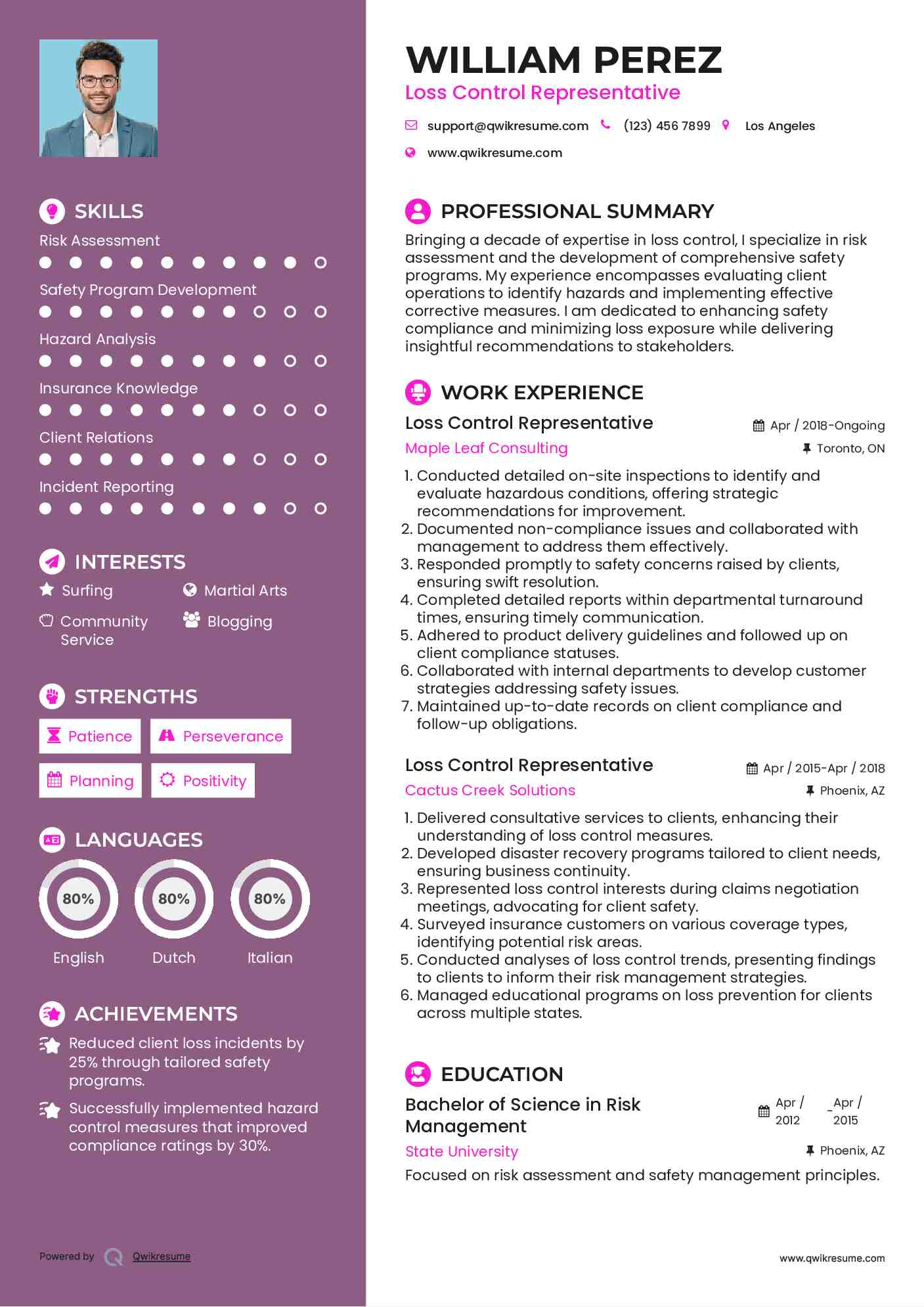 Loss Control Representative Resume Sample