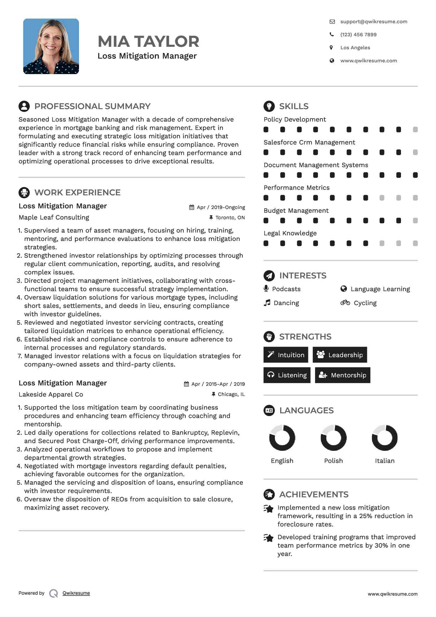 Loss Mitigation Manager Resume Model