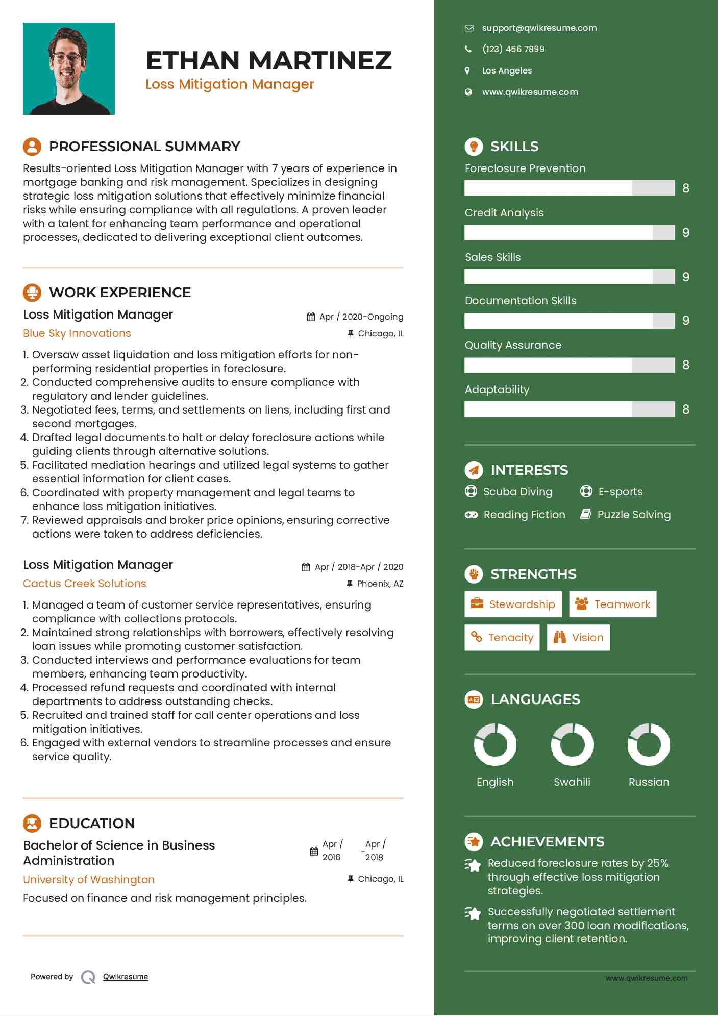 Loss Mitigation Manager Resume Model