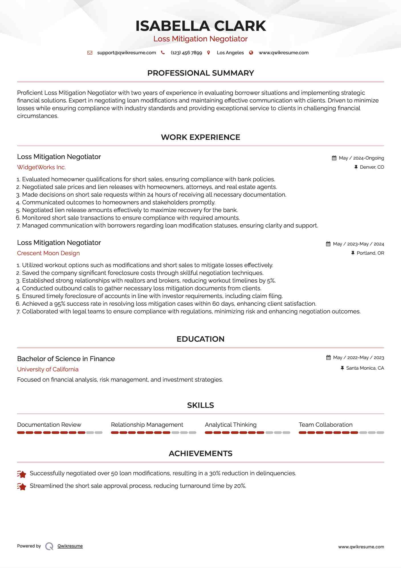 Loss Mitigation Negotiator Resume Model