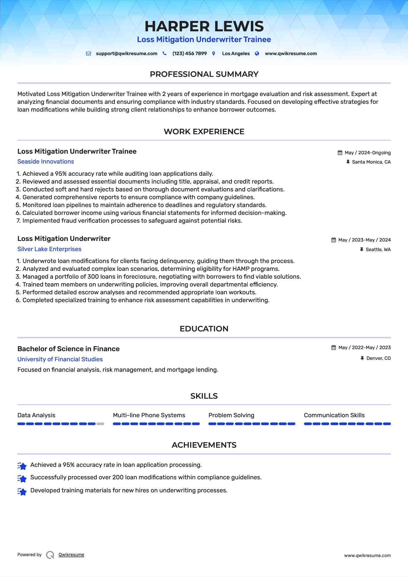 Loss Mitigation Underwriter Trainee Resume Template