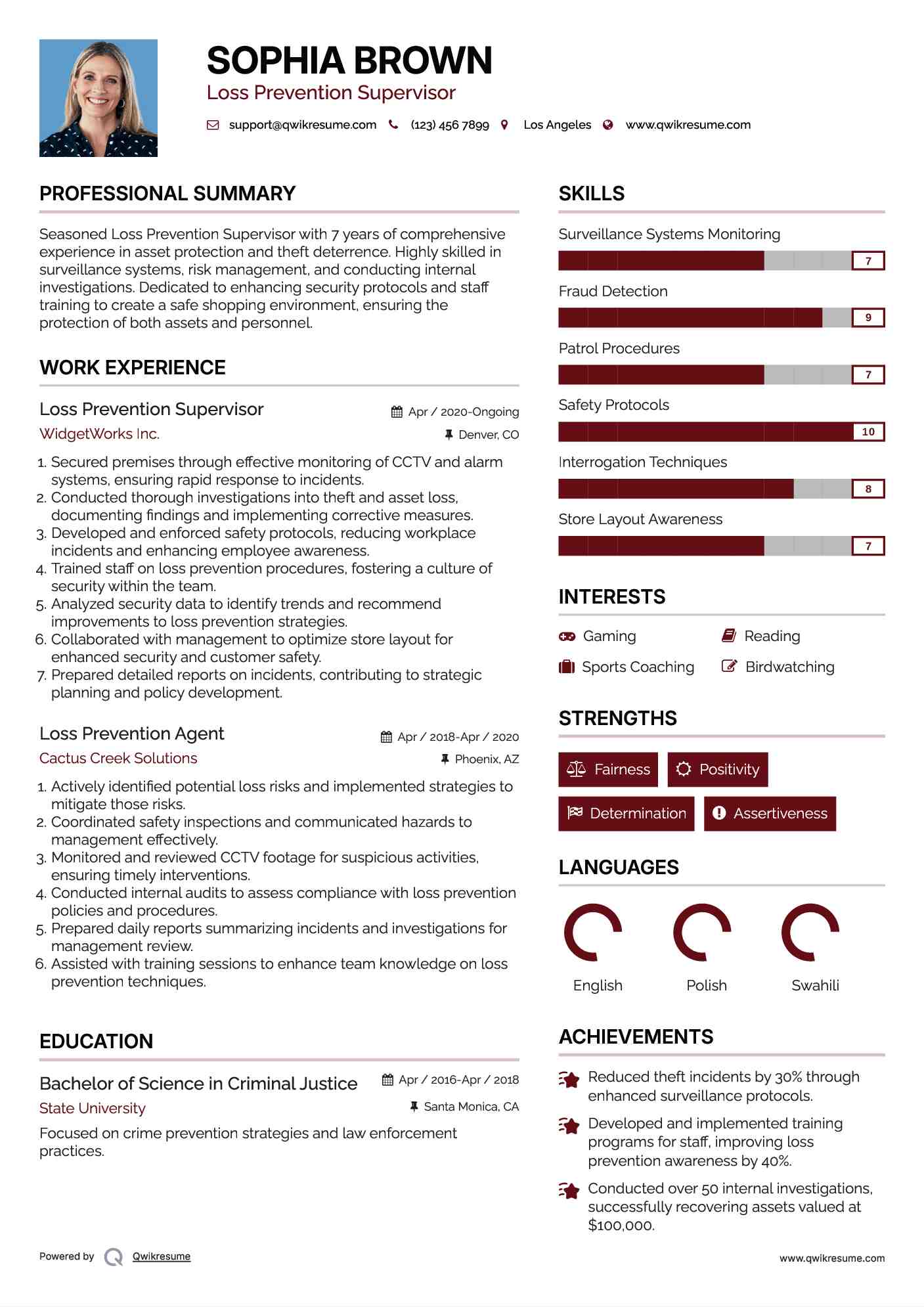 Loss Prevention Supervisor Resume Example