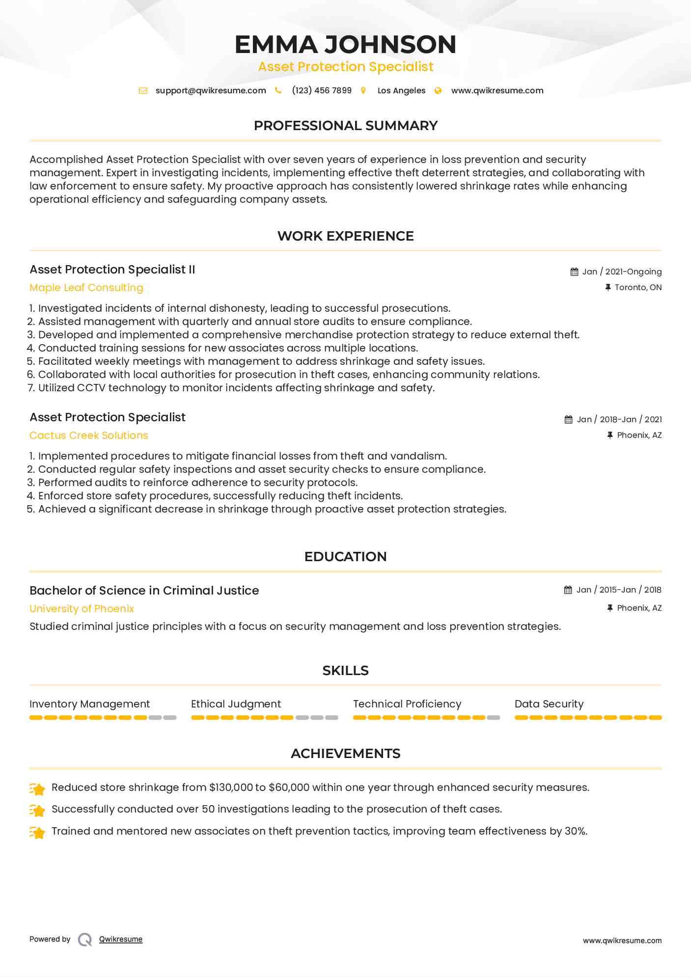 Asset Protection Specialist II Resume Format