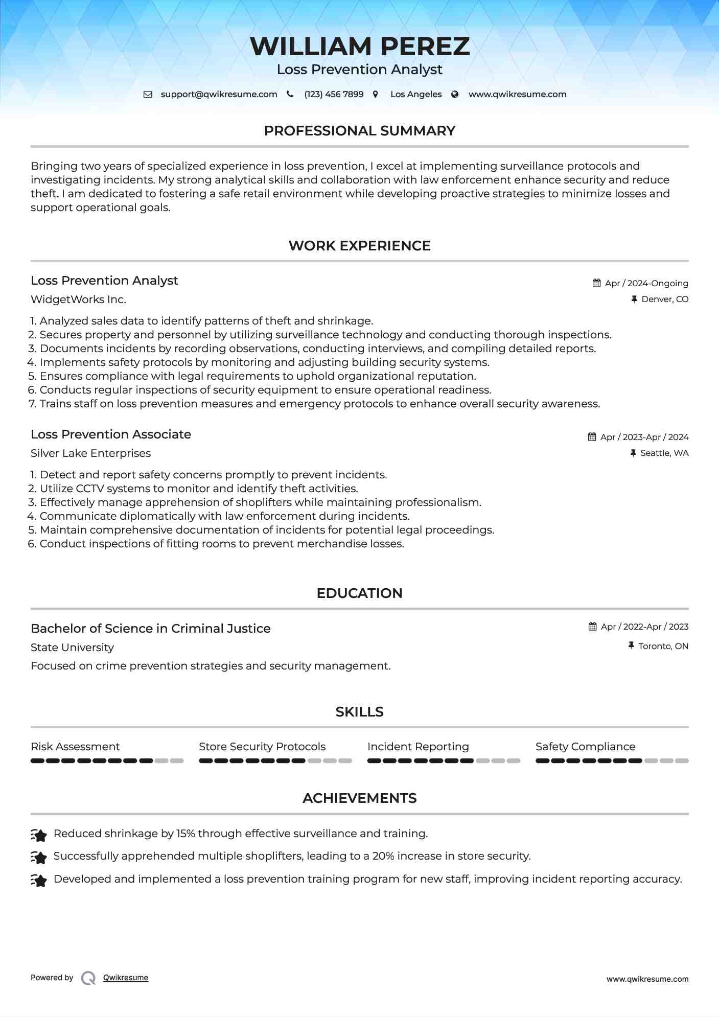 Loss Prevention Analyst Resume Sample