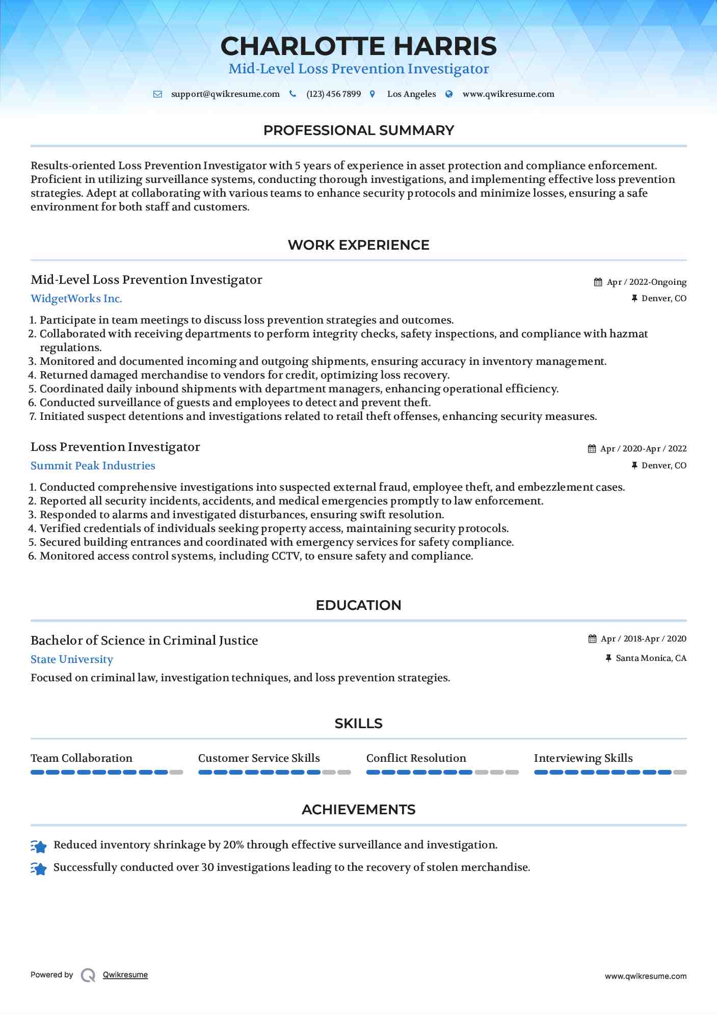 Mid-Level Loss Prevention Investigator Resume Sample
