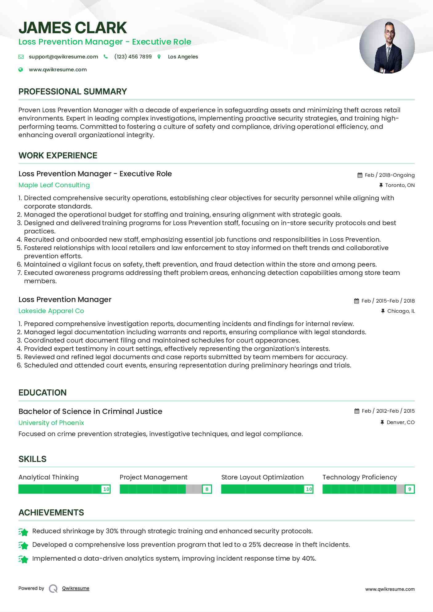 Loss Prevention Manager - Executive Role Resume Example