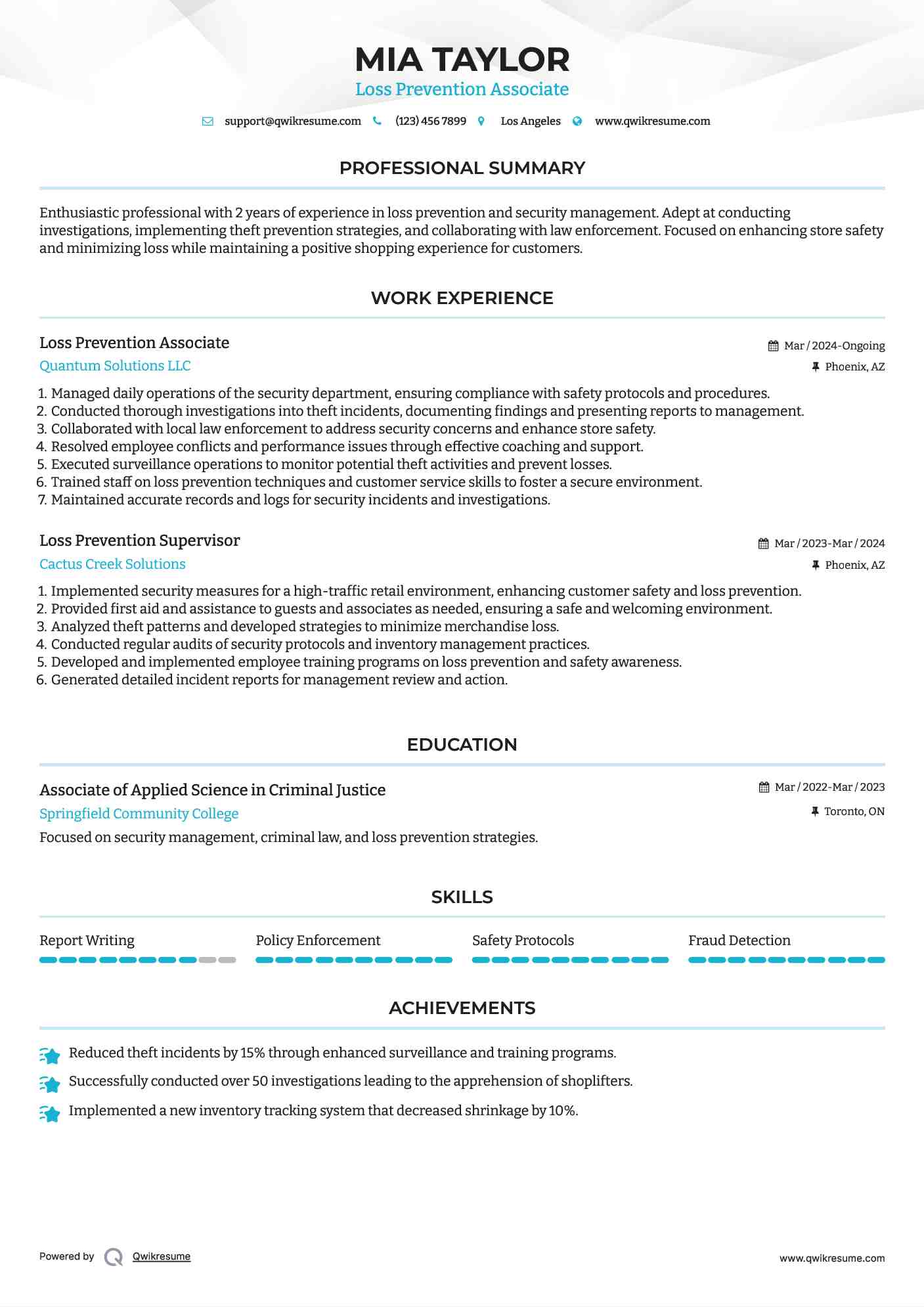 Loss Prevention Associate Resume Example