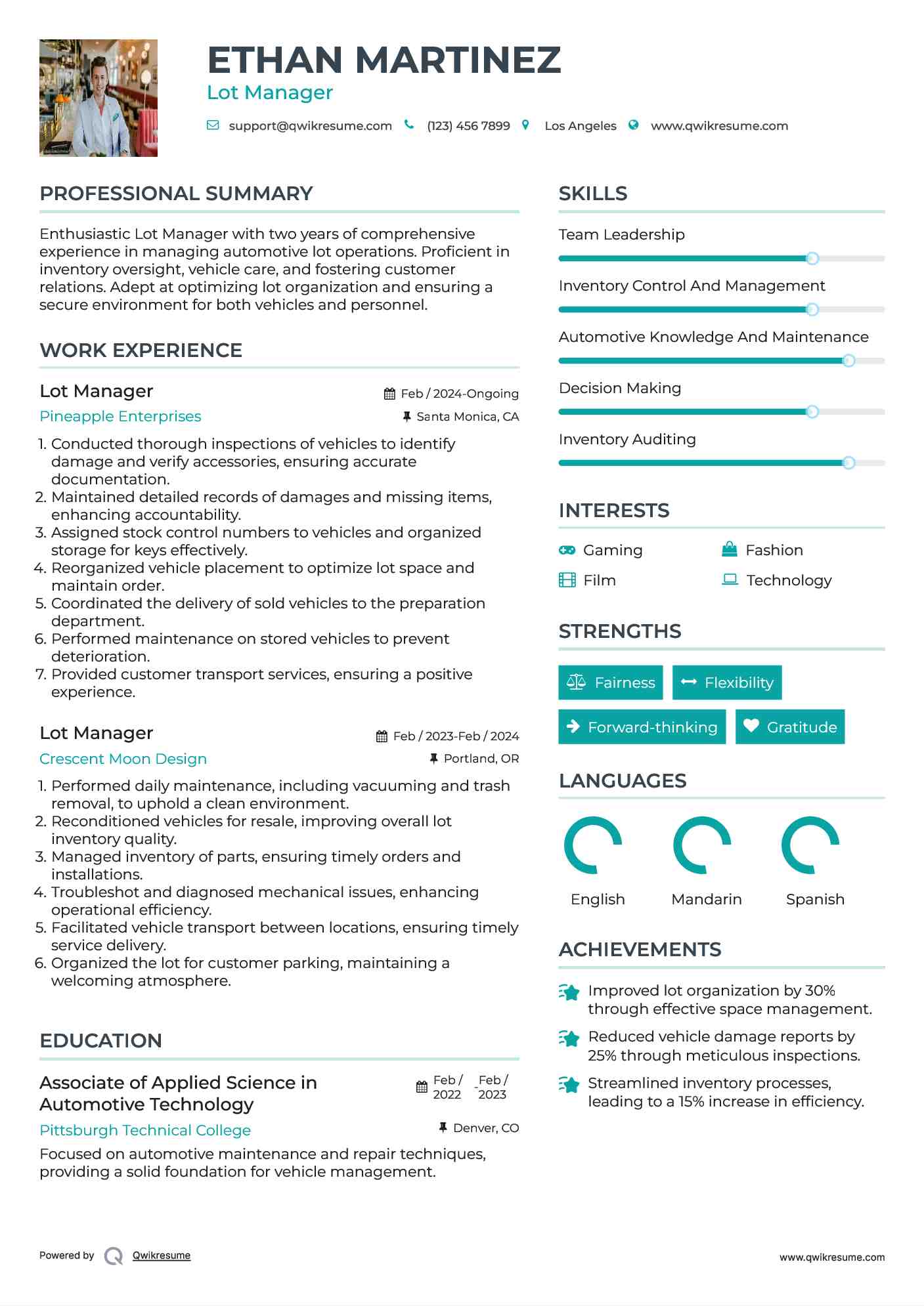 Lot Manager Resume Model