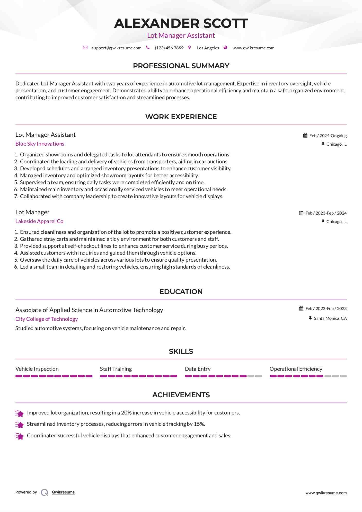 Lot Manager Assistant Resume Model