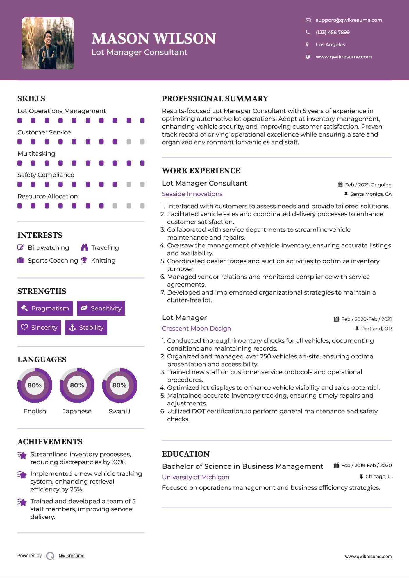 Lot Manager Consultant Resume Template