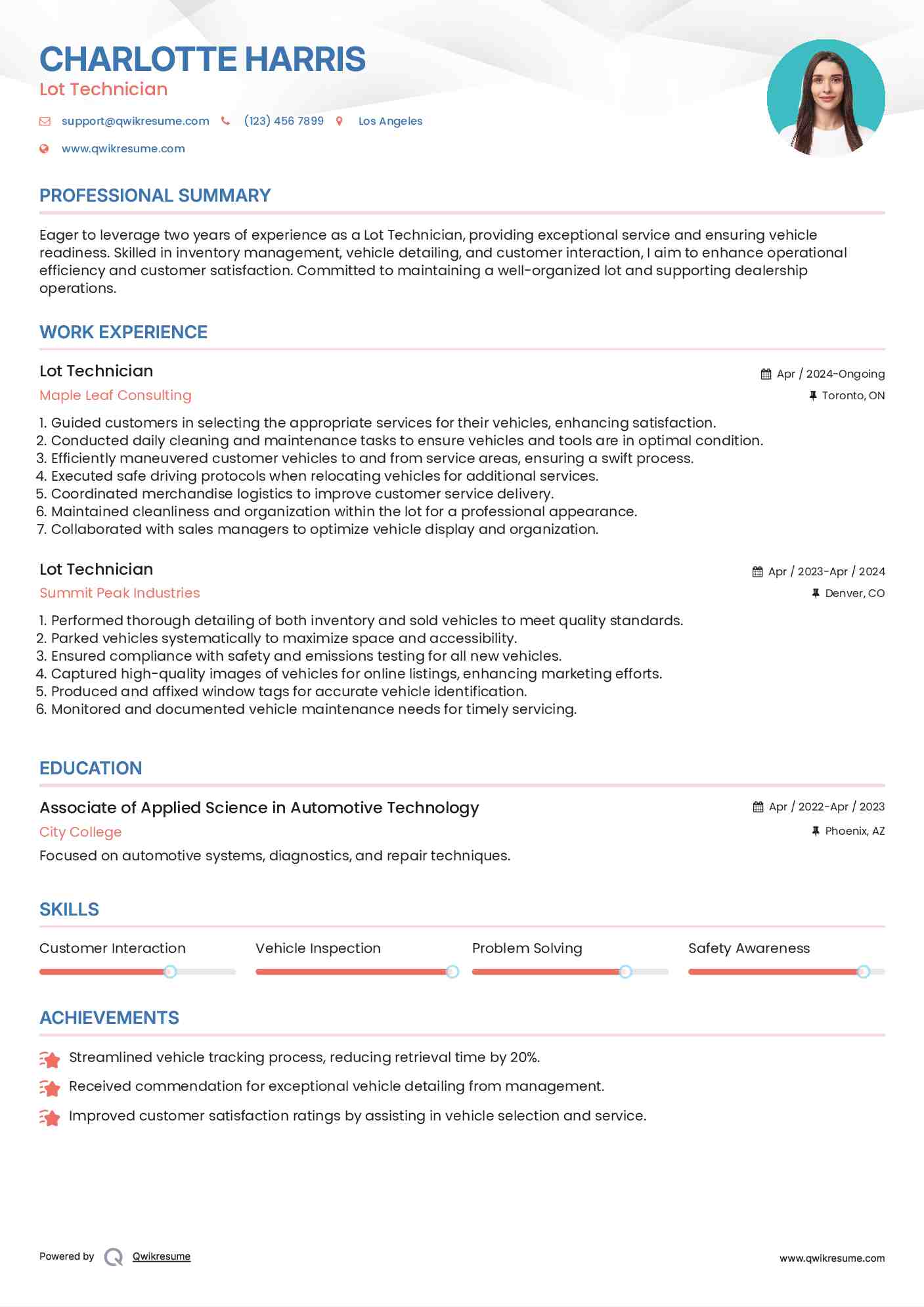 Lot Technician Resume Example