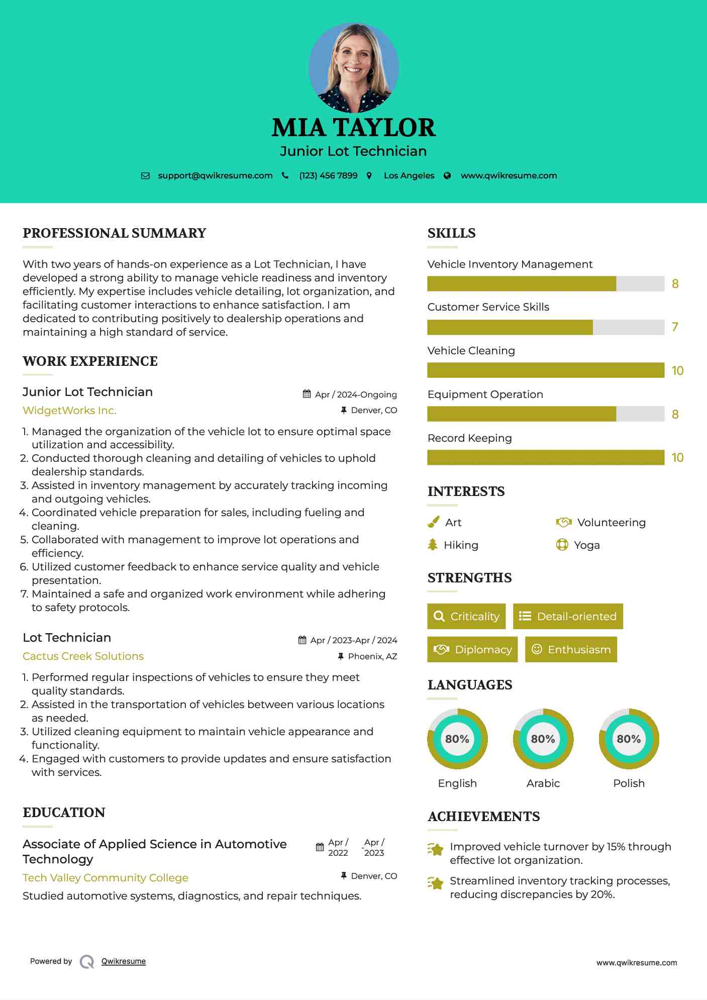 Junior Lot Technician Resume Sample