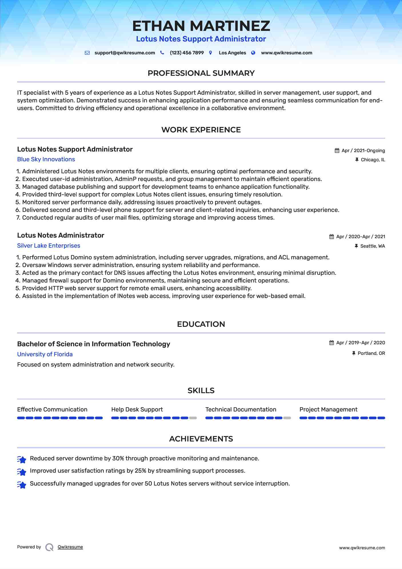 Lotus Notes Support Administrator Resume Example