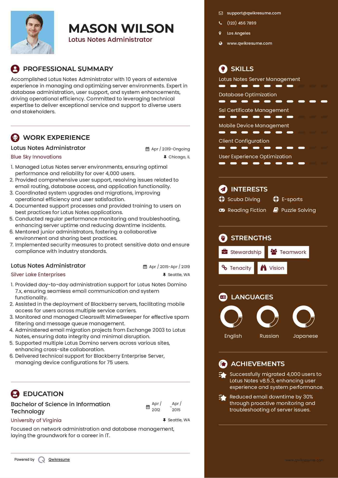 Lotus Notes Administrator Resume Example