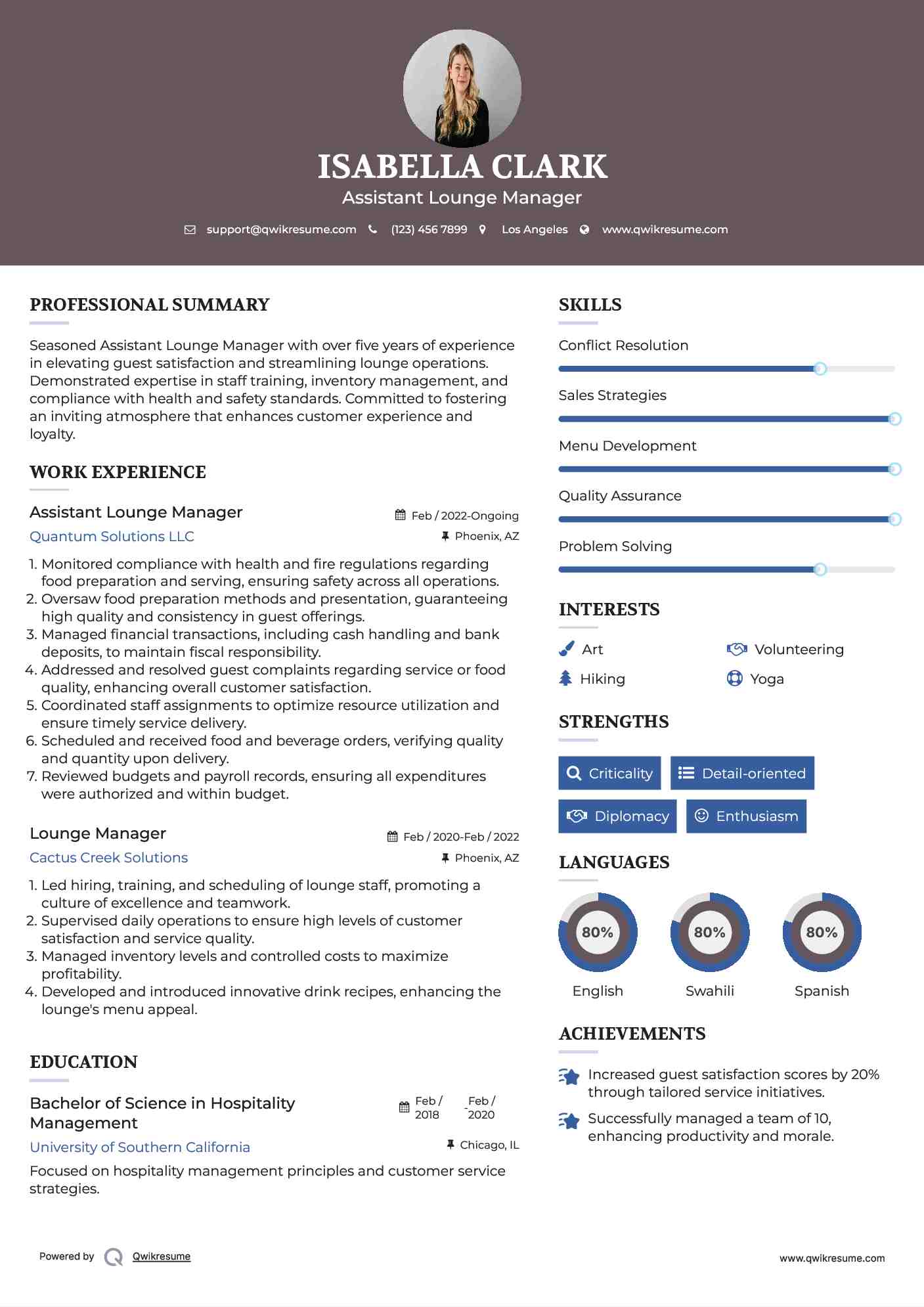 Assistant Lounge Manager Resume Example