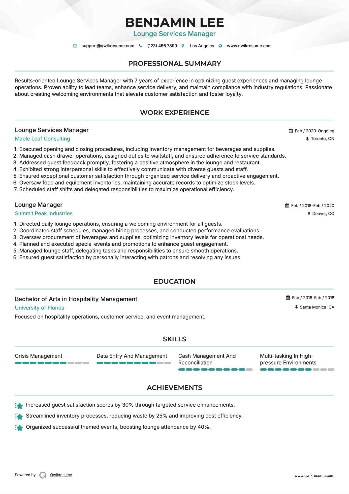 Lounge Services Manager Resume Sample