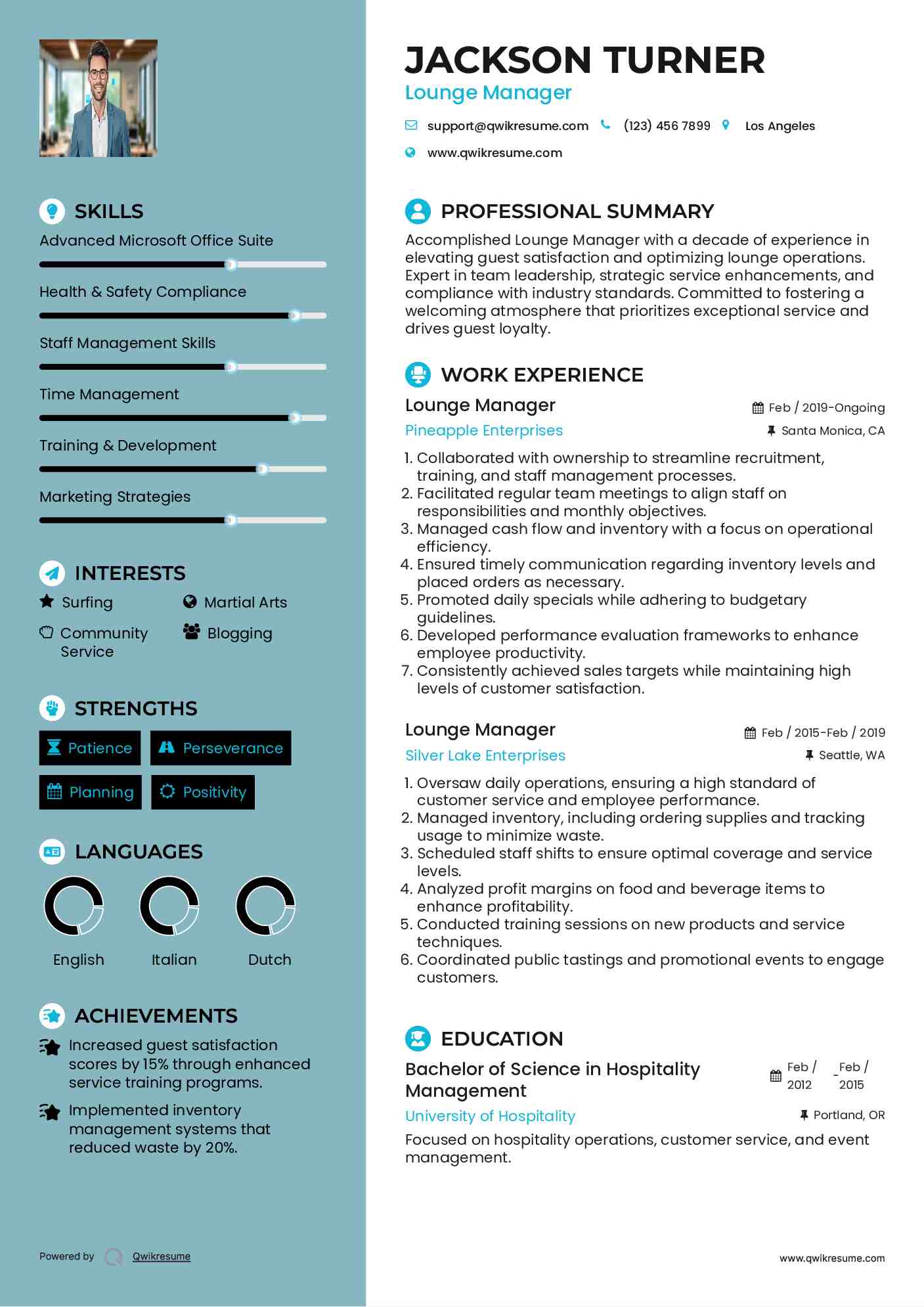 Lounge Manager Resume Example