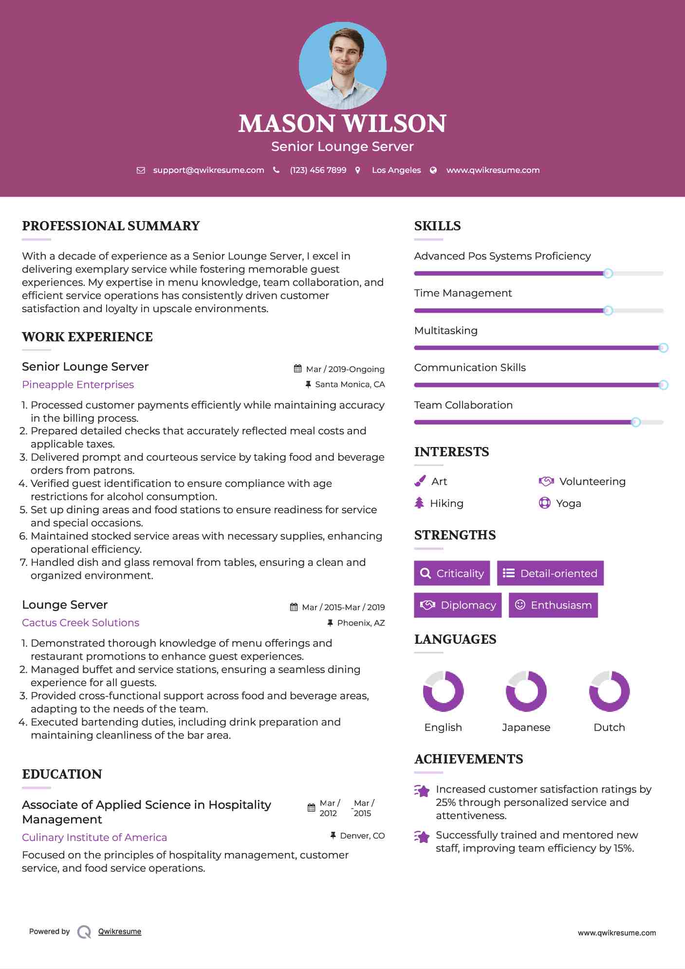 Senior Lounge Server Resume Sample