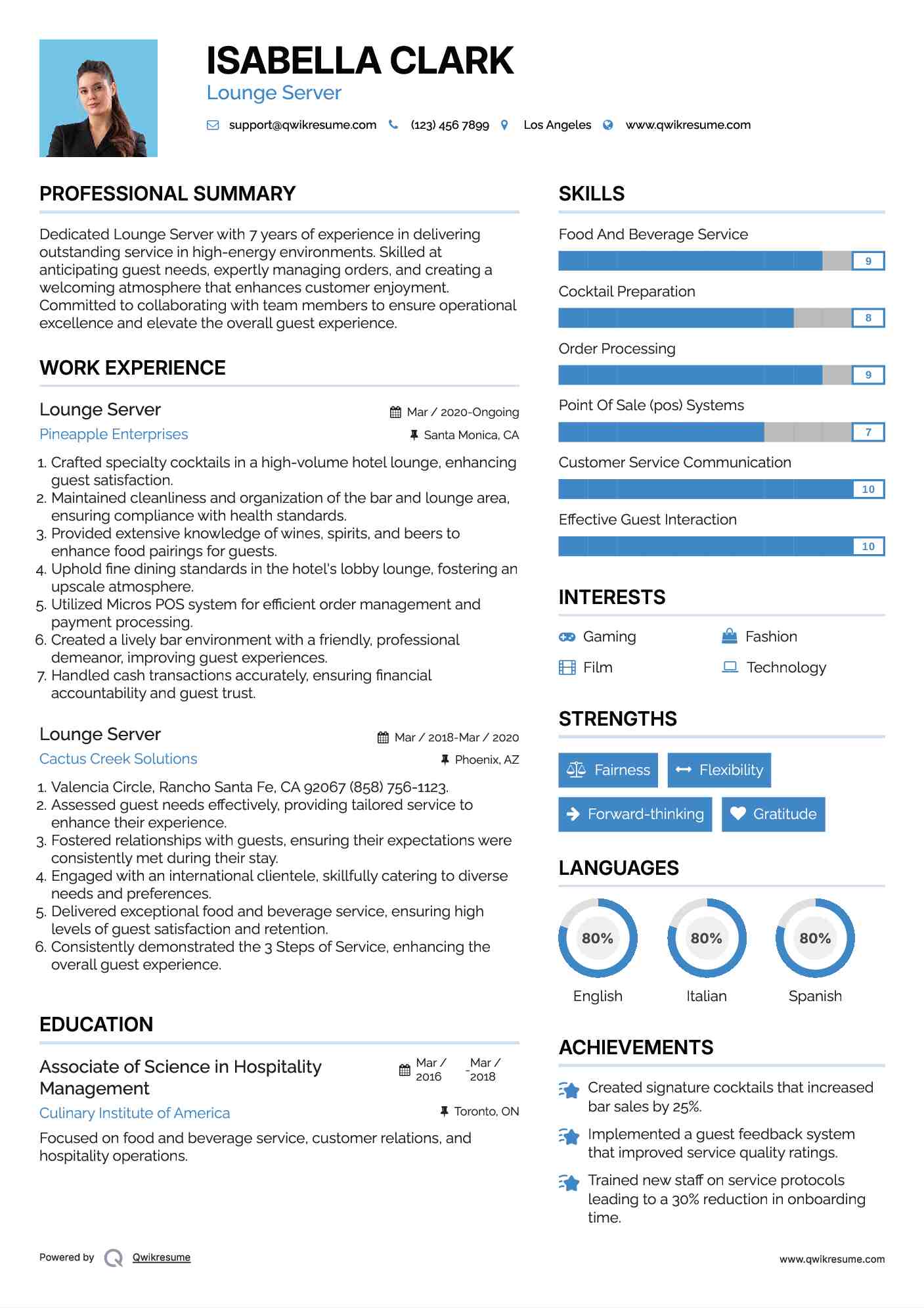 Lounge Server Resume Model