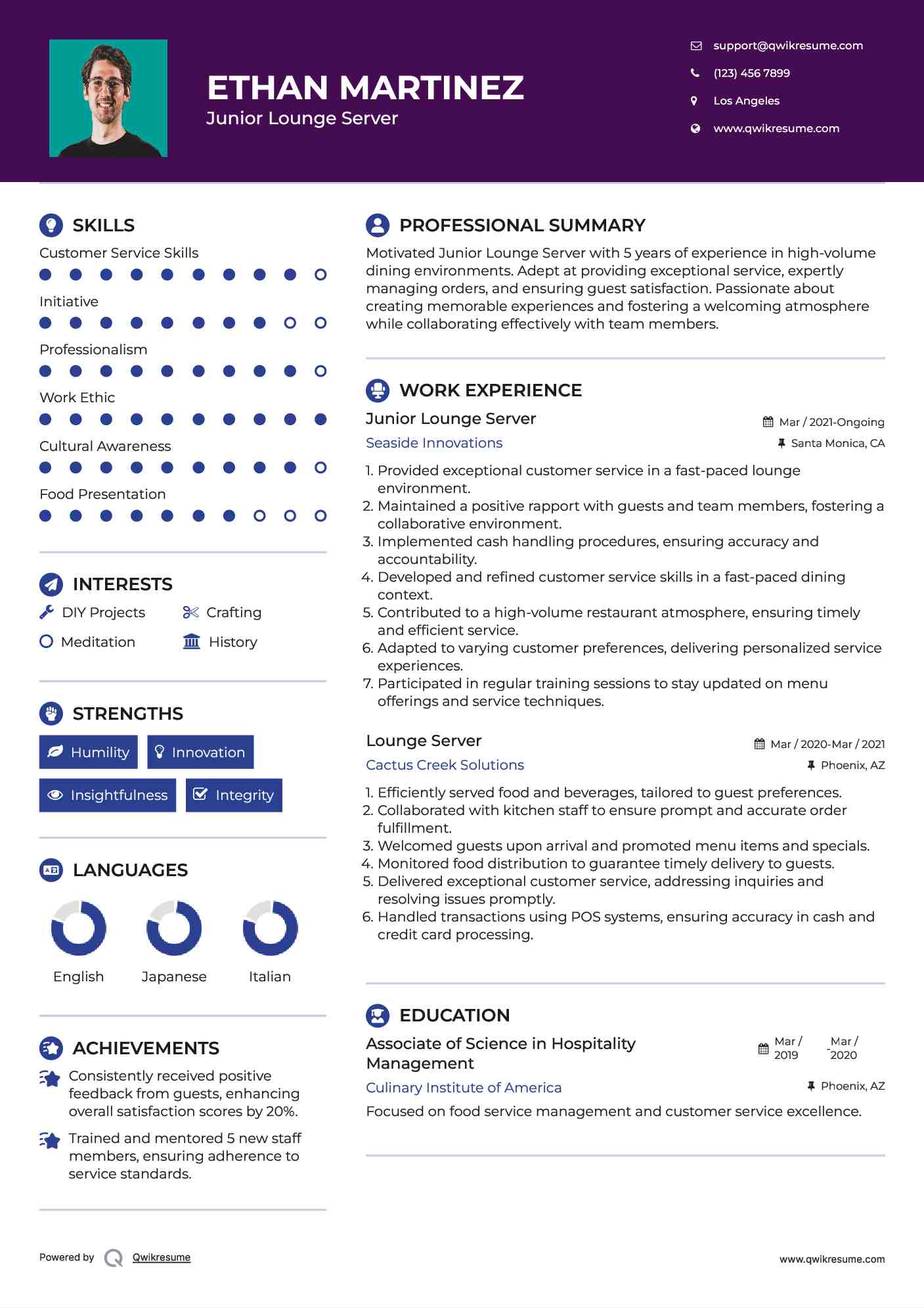 Junior Lounge Server Resume Example