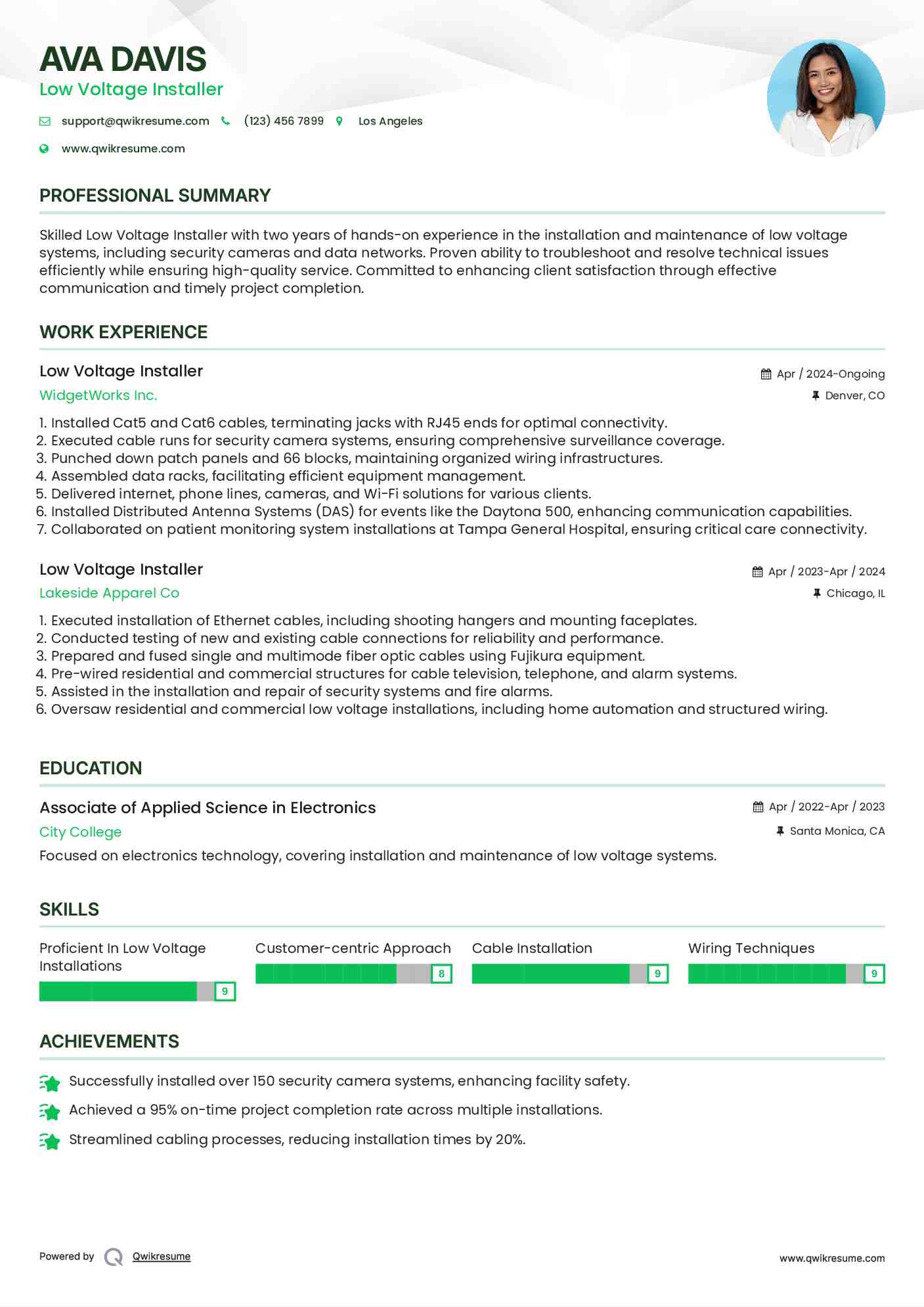 Low Voltage Installer Resume Model