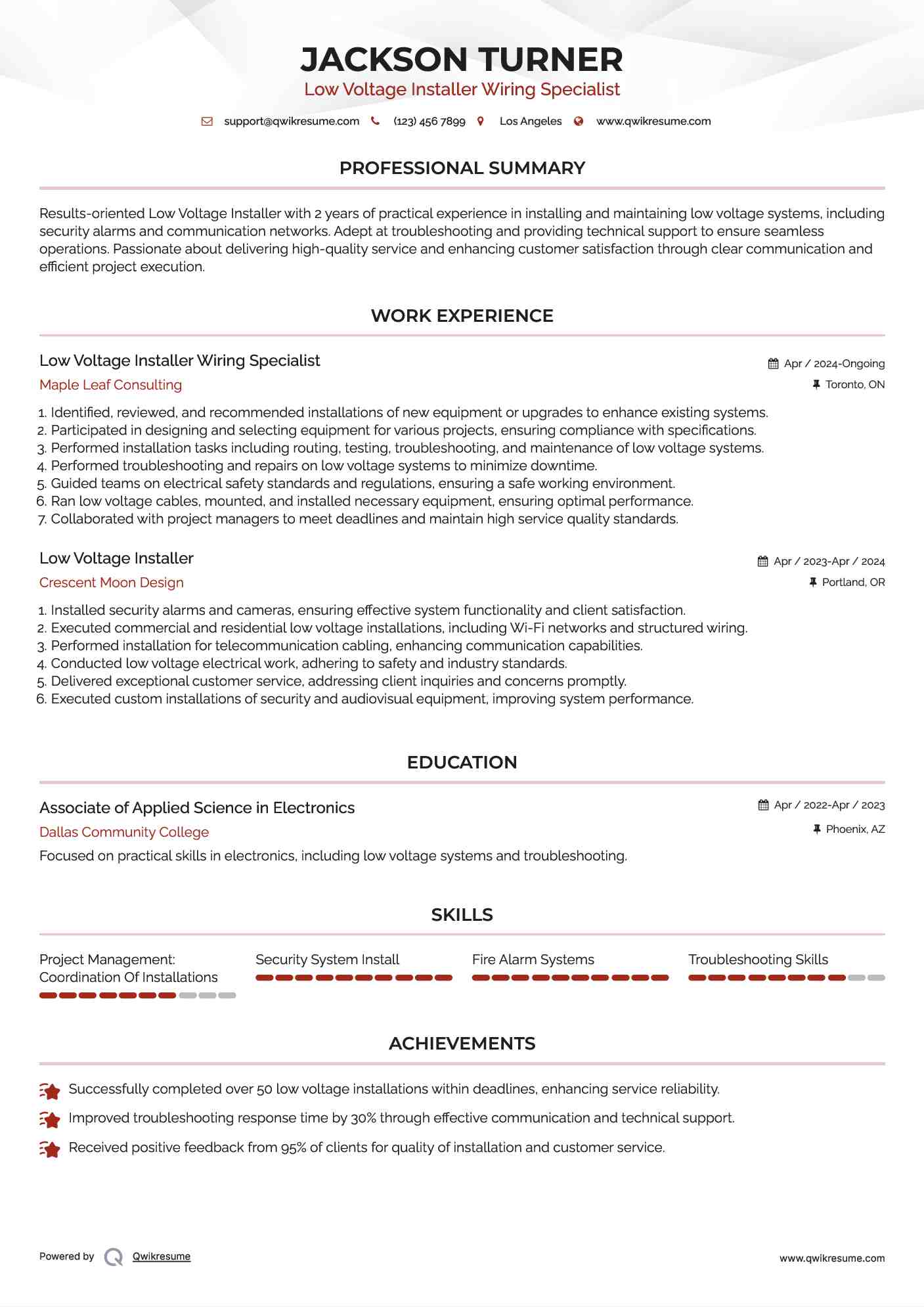 Low Voltage Installer Wiring Specialist Resume Example
