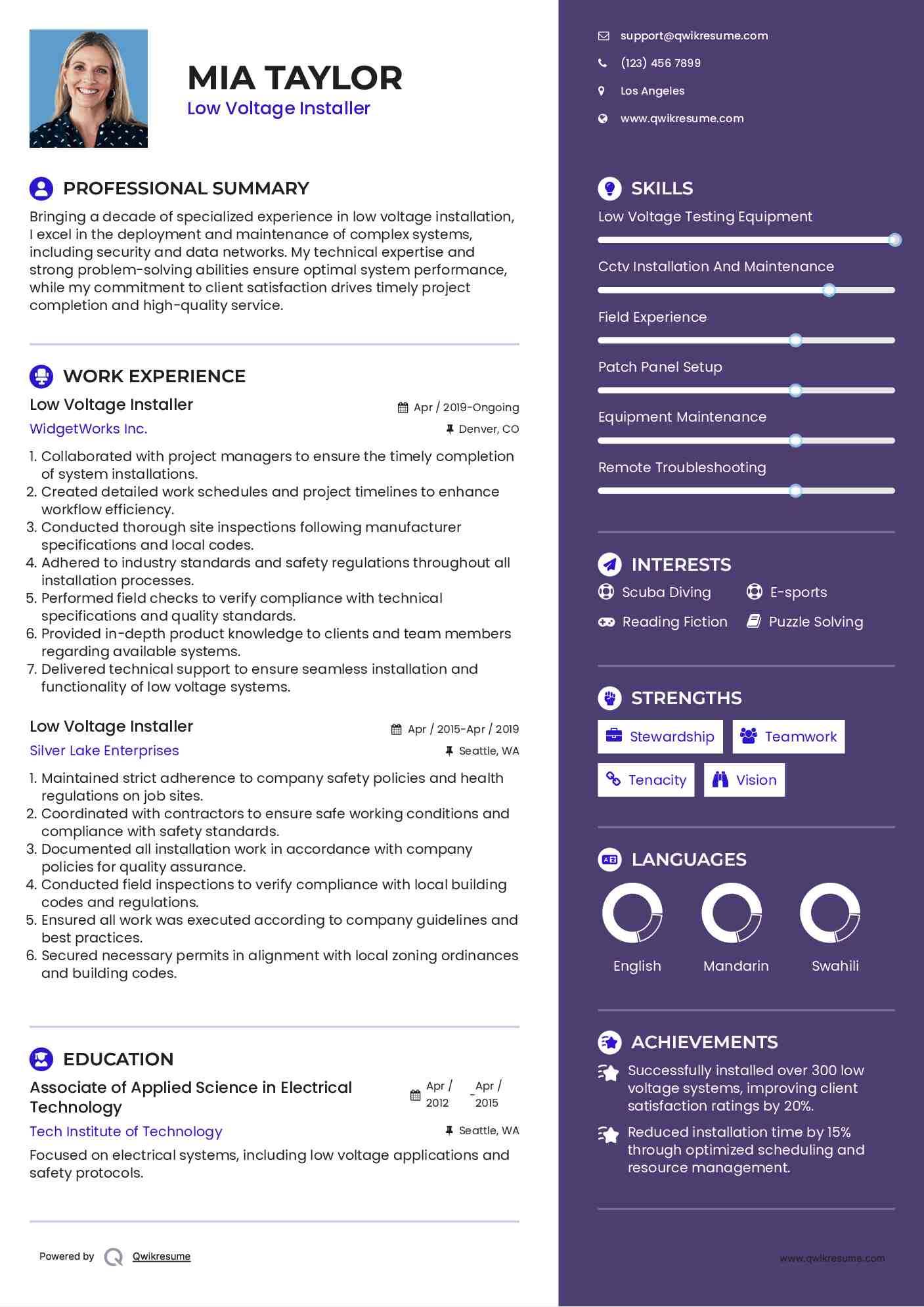 Low Voltage Installer Resume Example