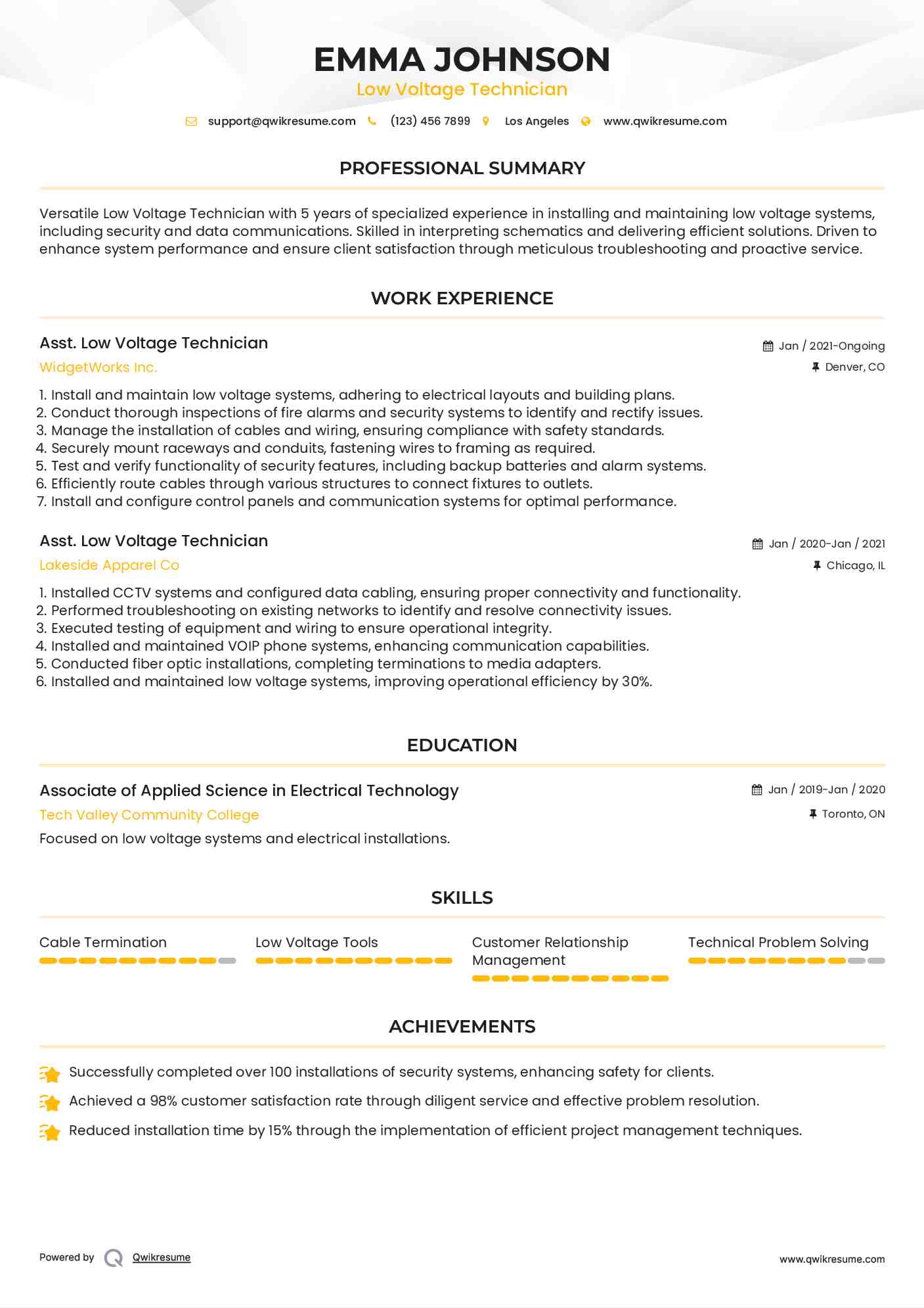 Asst. Low Voltage Technician Resume Format