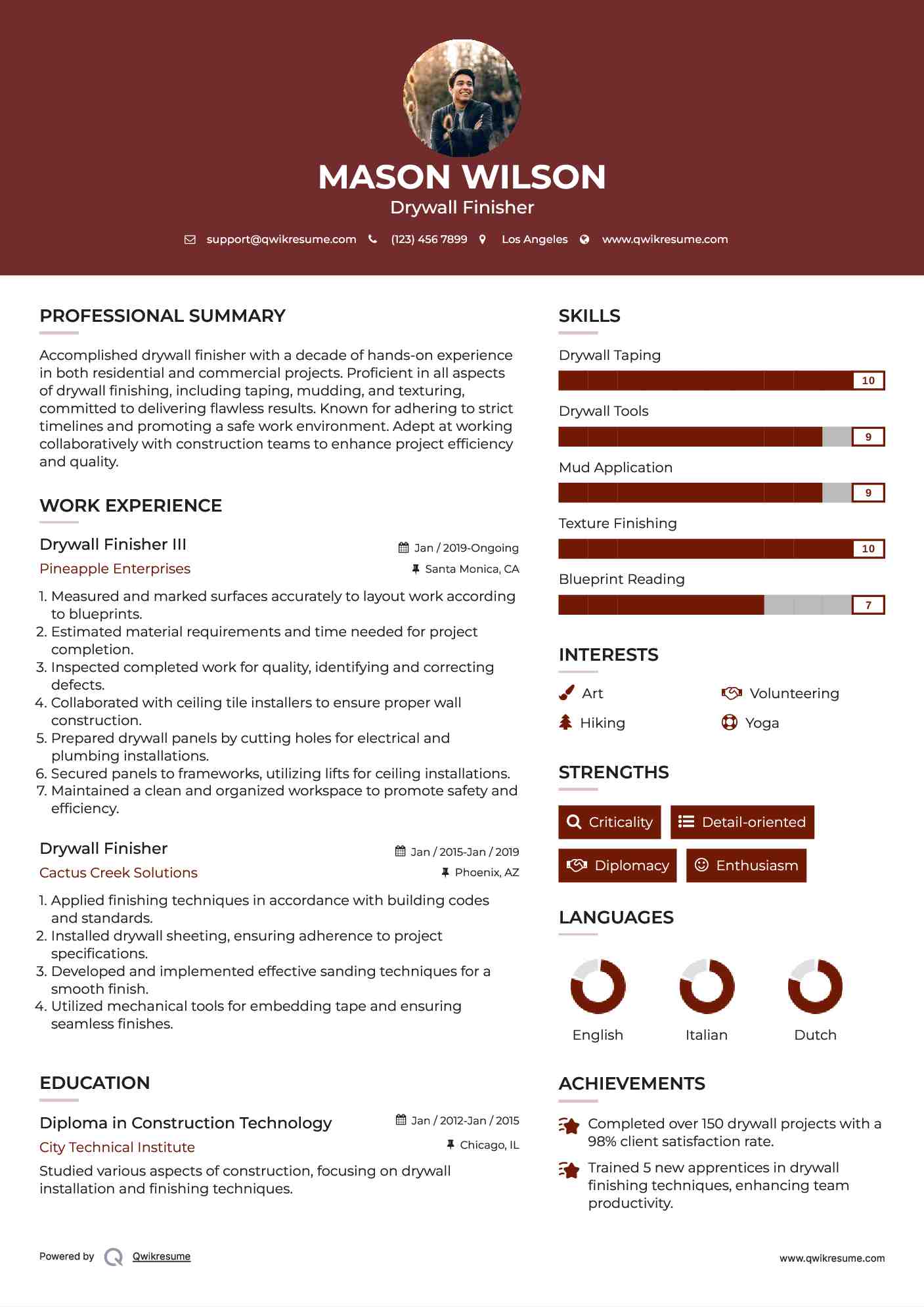 Drywall Finisher III Resume Template
