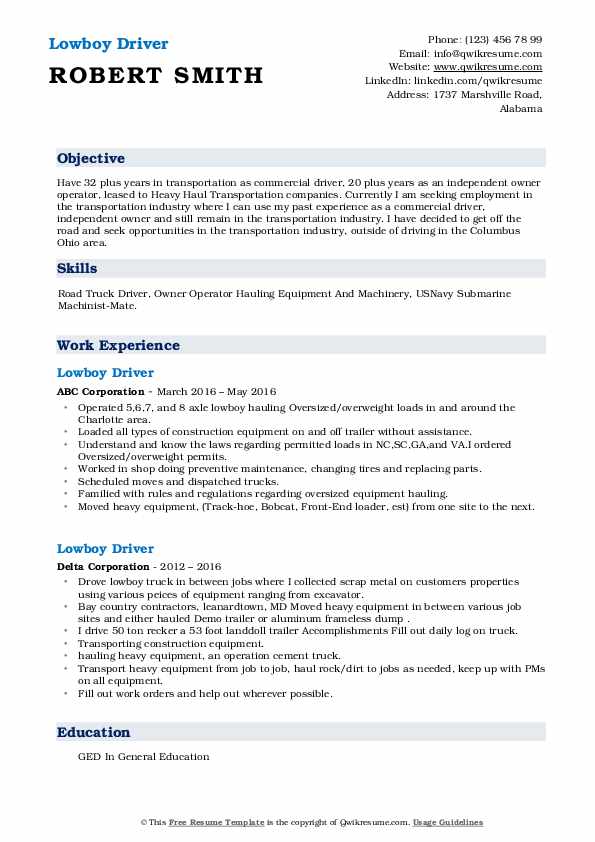 Lowboy Driver Resume Samples QwikResume