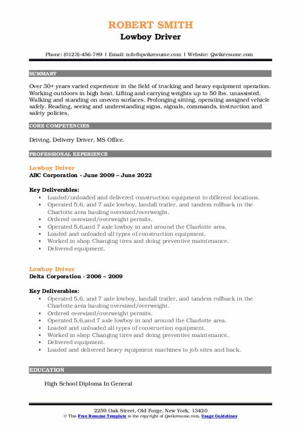 Lowboy Driver Resume Samples QwikResume