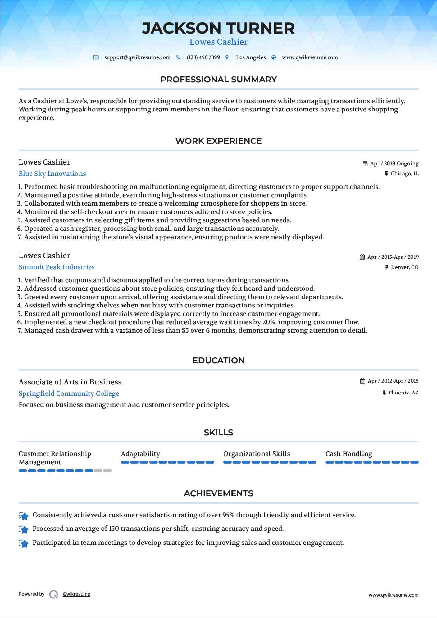 Lowes Cashier Resume Sample