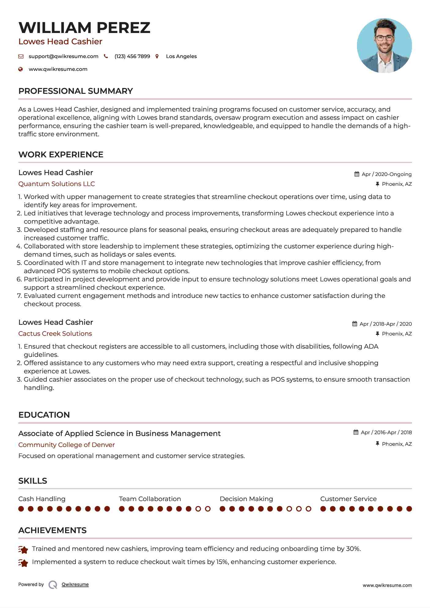 Lowes Head Cashier Resume Sample