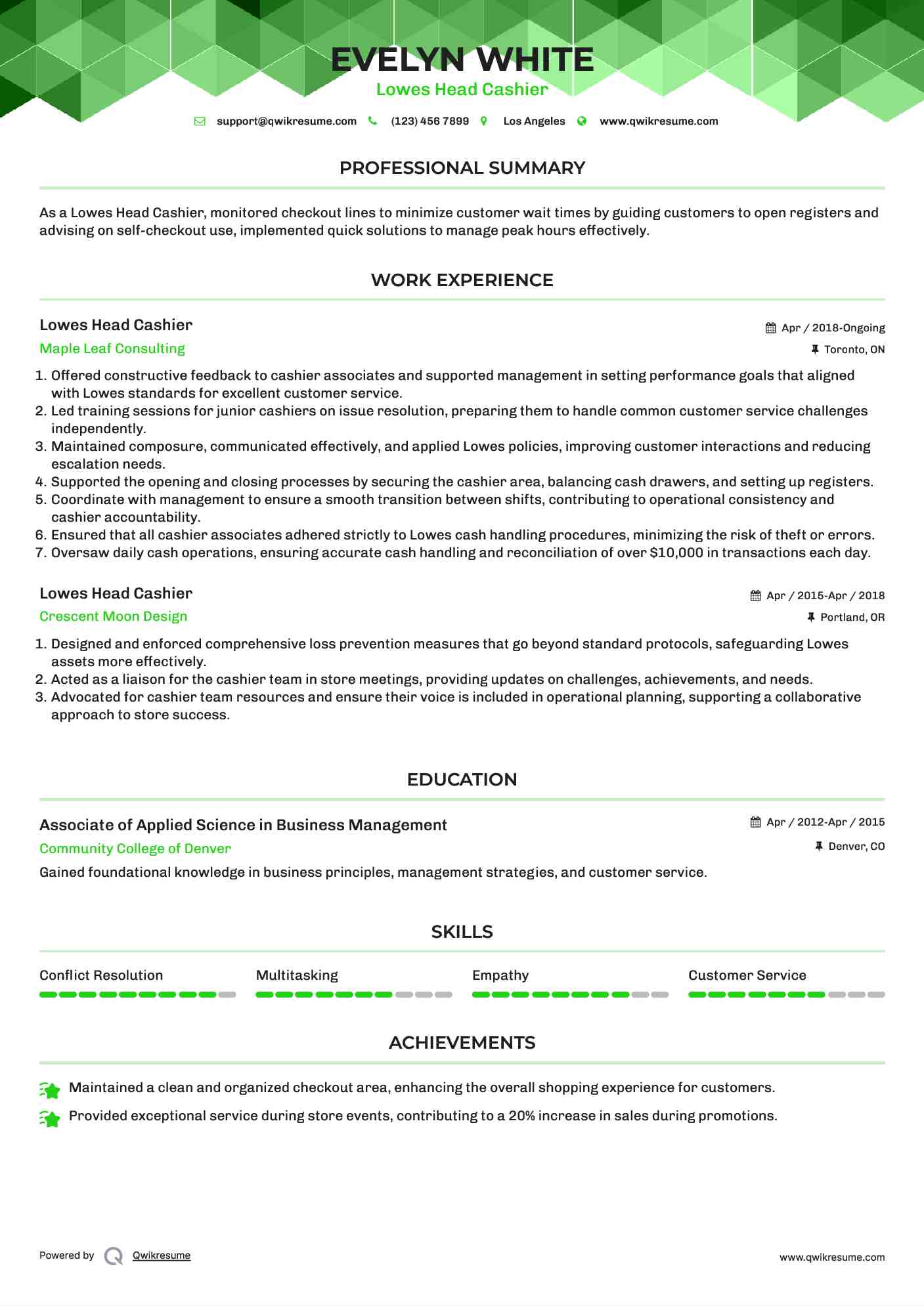 Lowes Head Cashier Resume Template