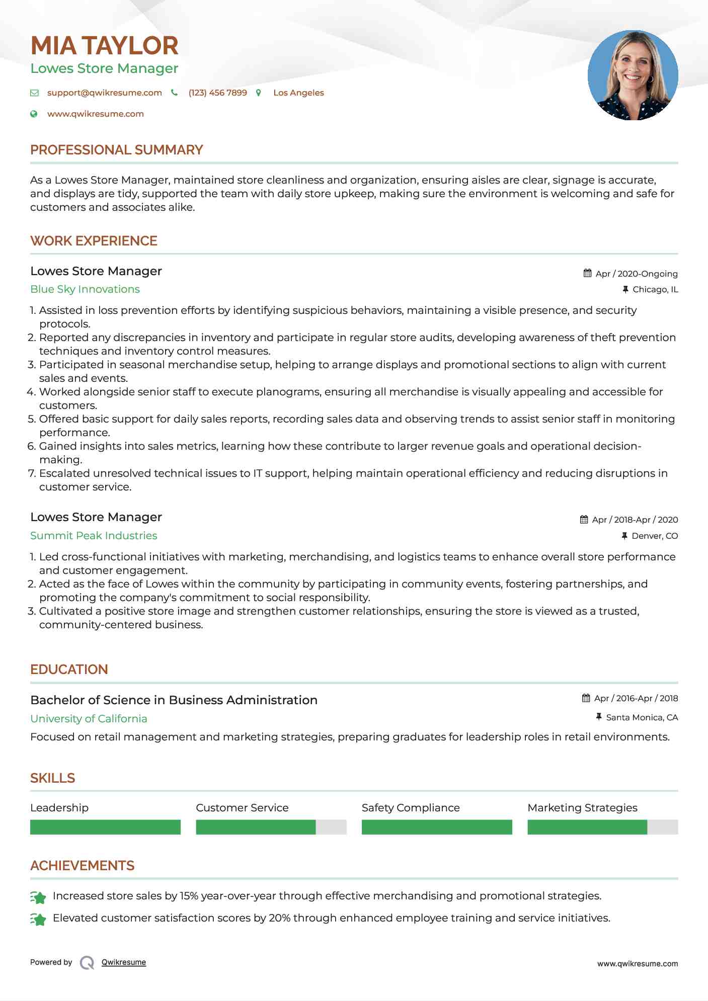 Lowes Store Manager Resume Sample