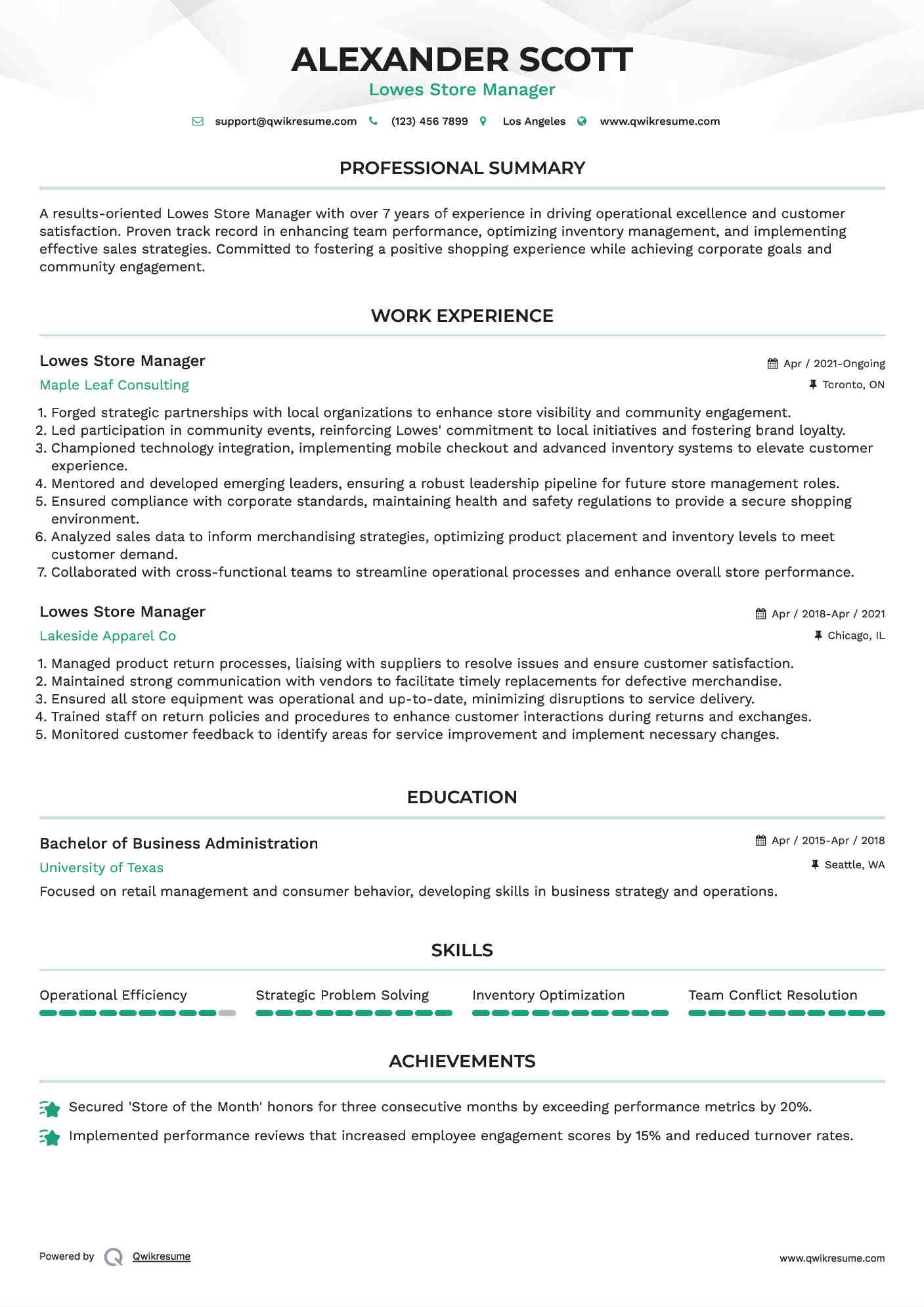Lowes Store Manager Resume Format