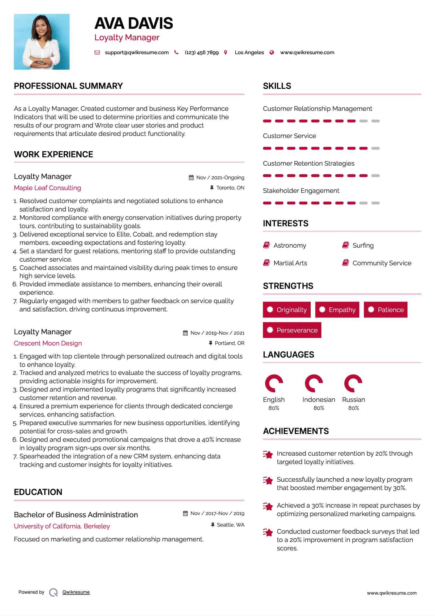 Loyalty Manager Resume Sample