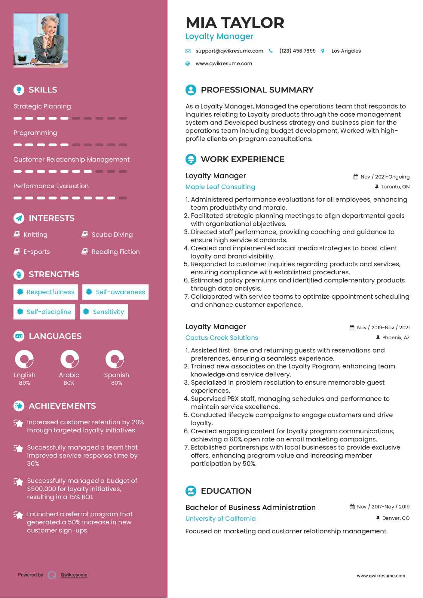 Loyalty Manager Resume Sample