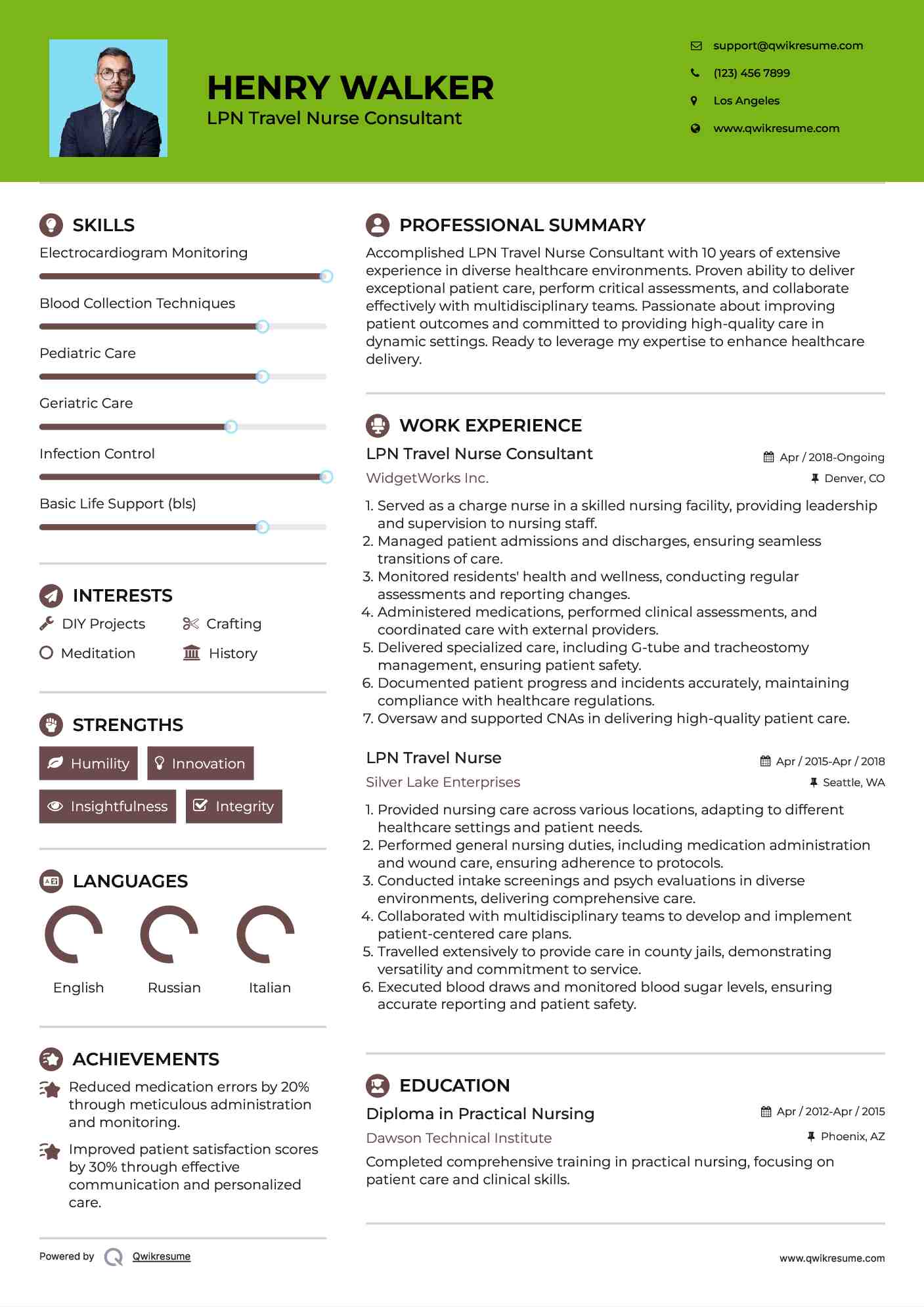 LPN Travel Nurse Consultant Resume Example