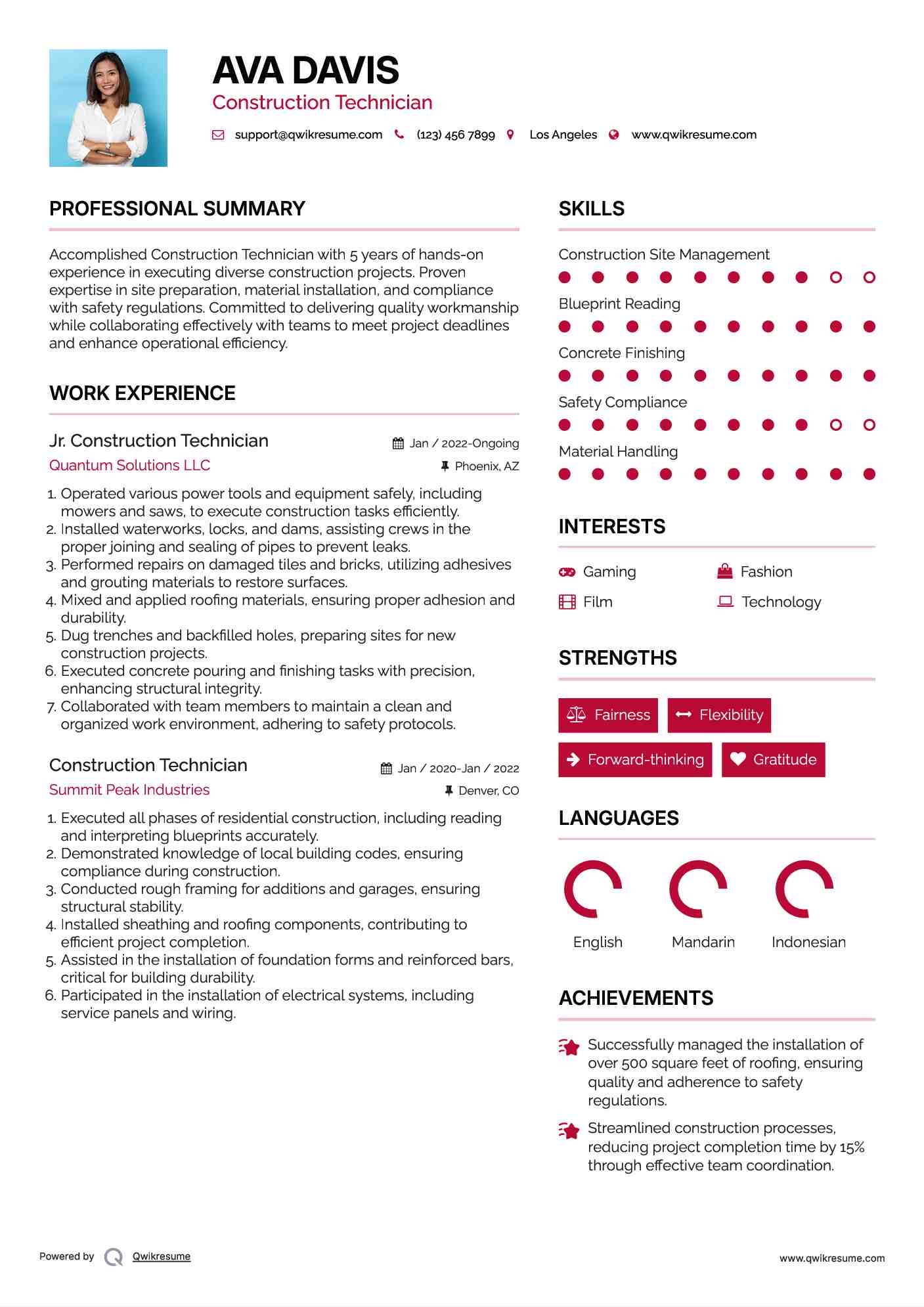 Jr. Construction Technician Resume Format
