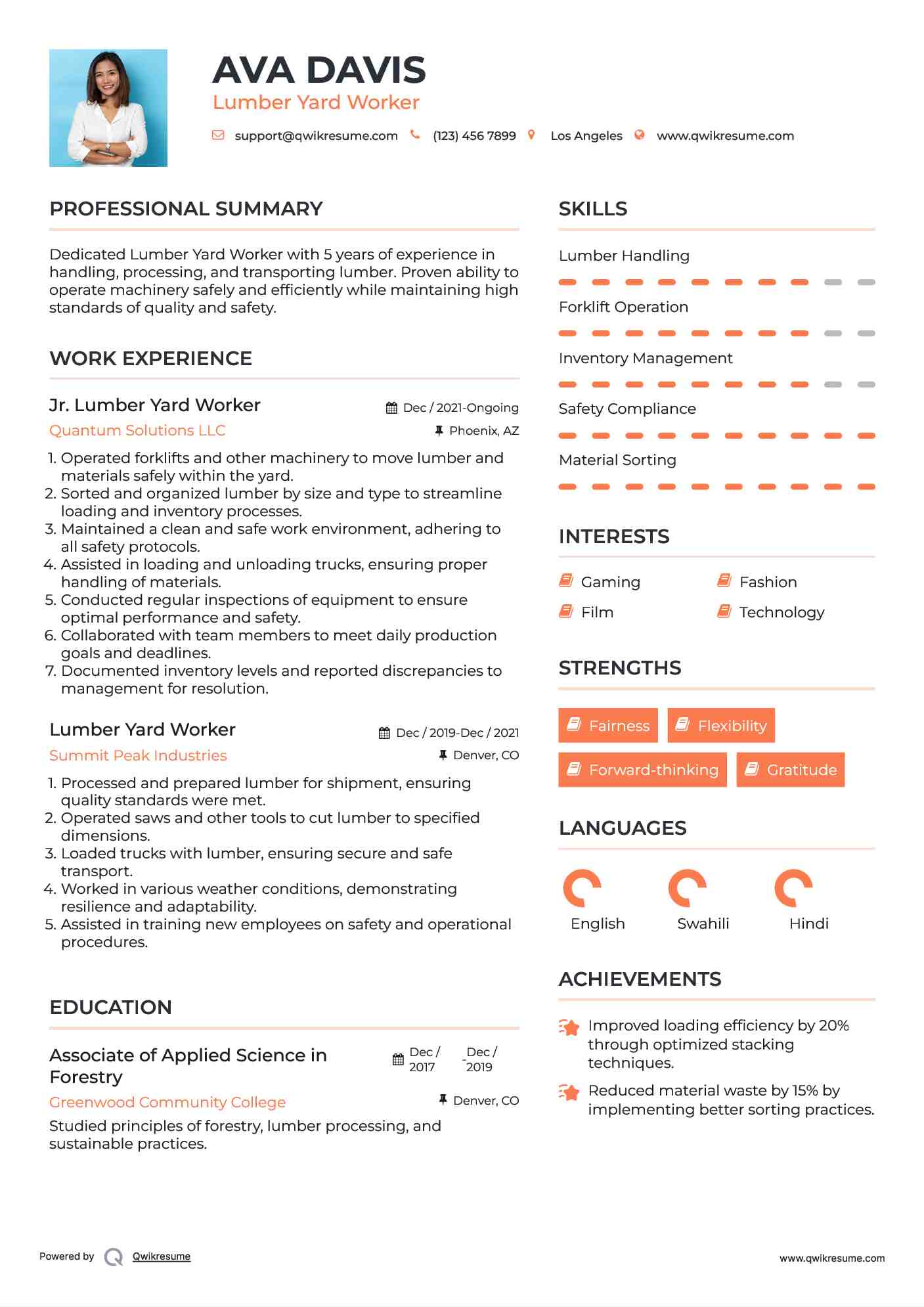 Lumber Yard Worker Resume Samples QwikResume