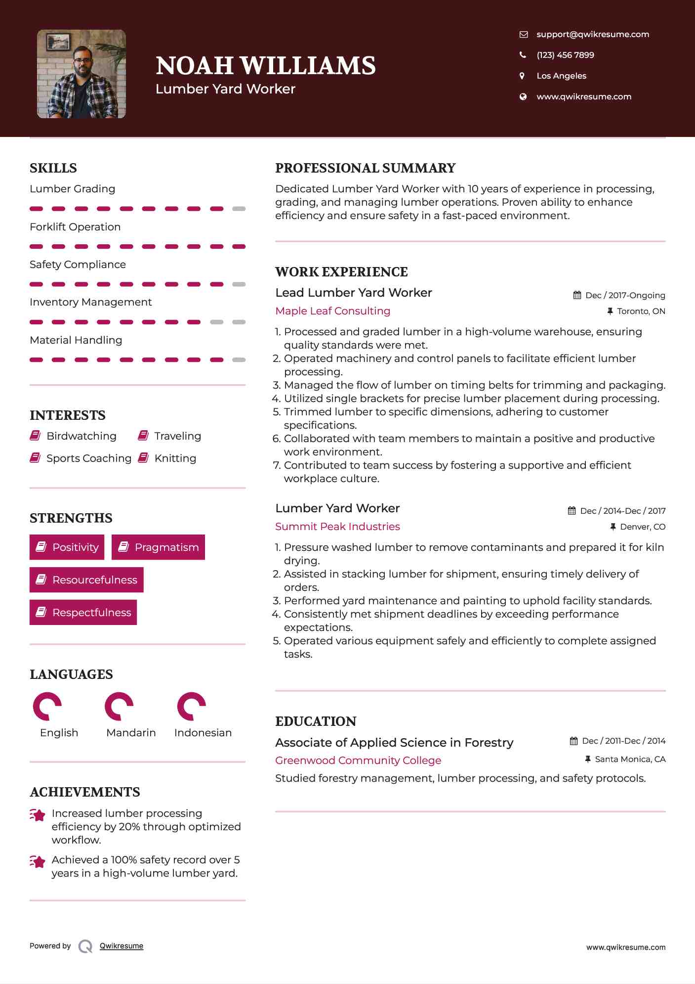 Lead Lumber Yard Worker Resume Sample