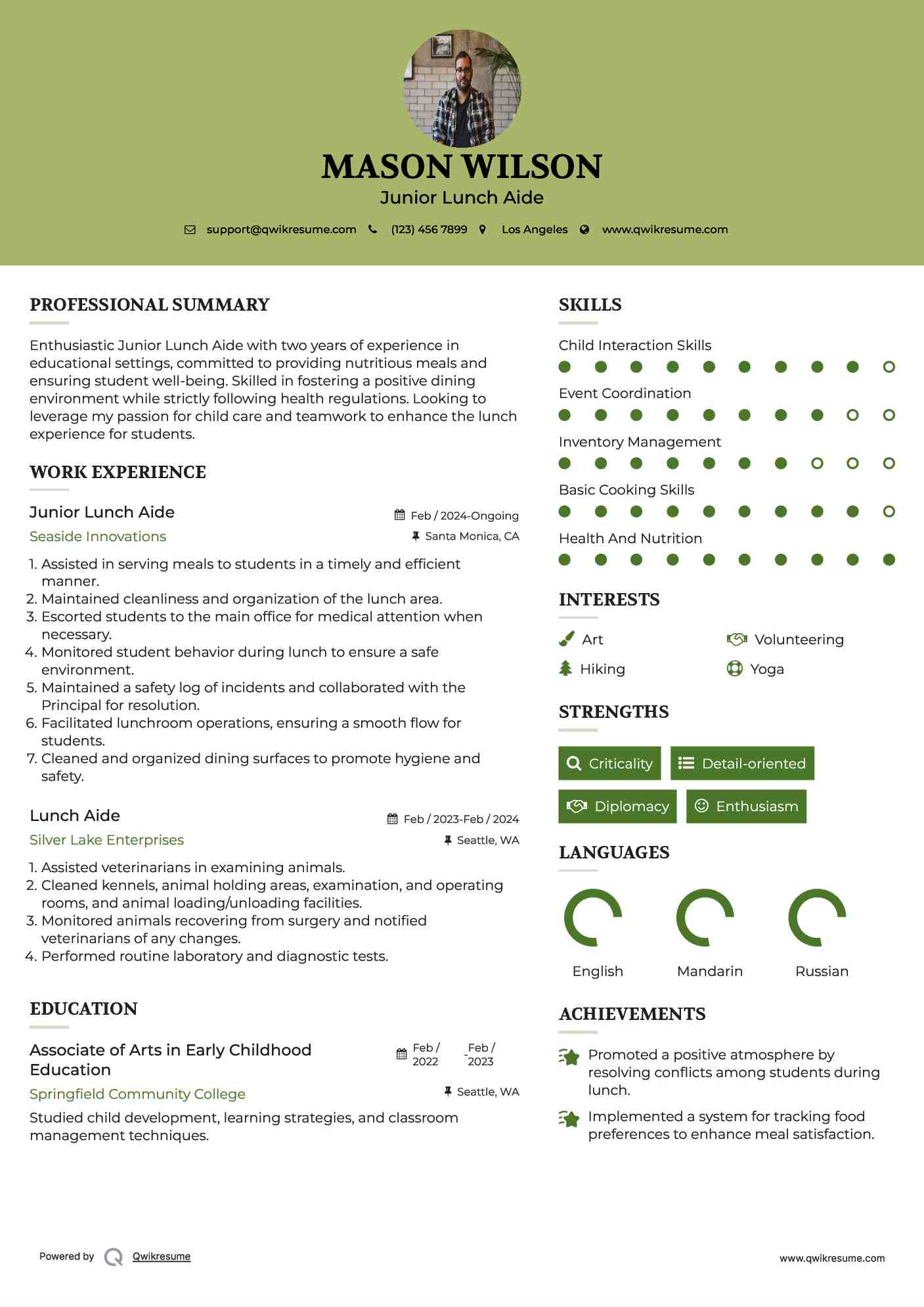 Junior Lunch Aide Resume Example