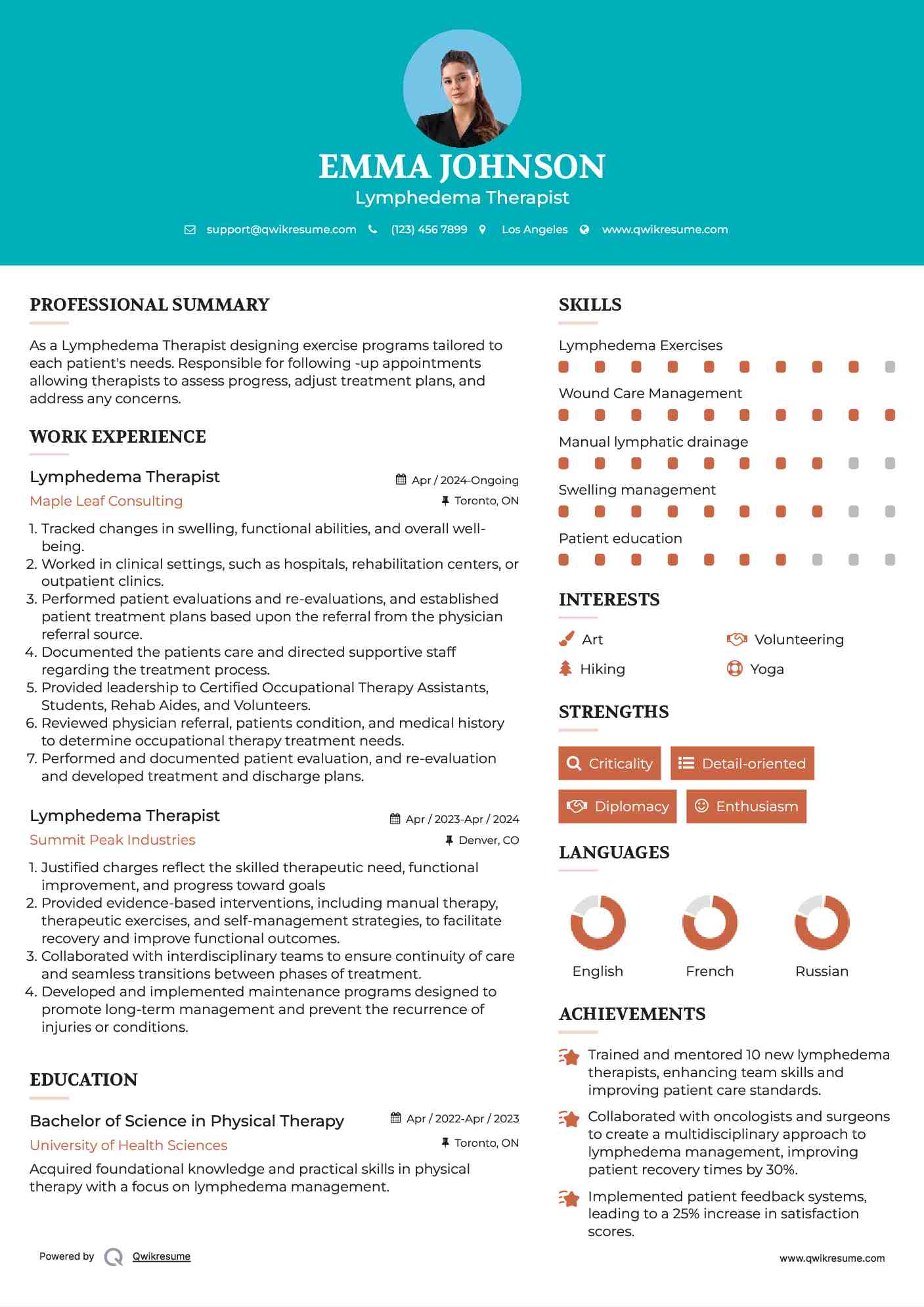 Lymphedema Therapist Resume Sample