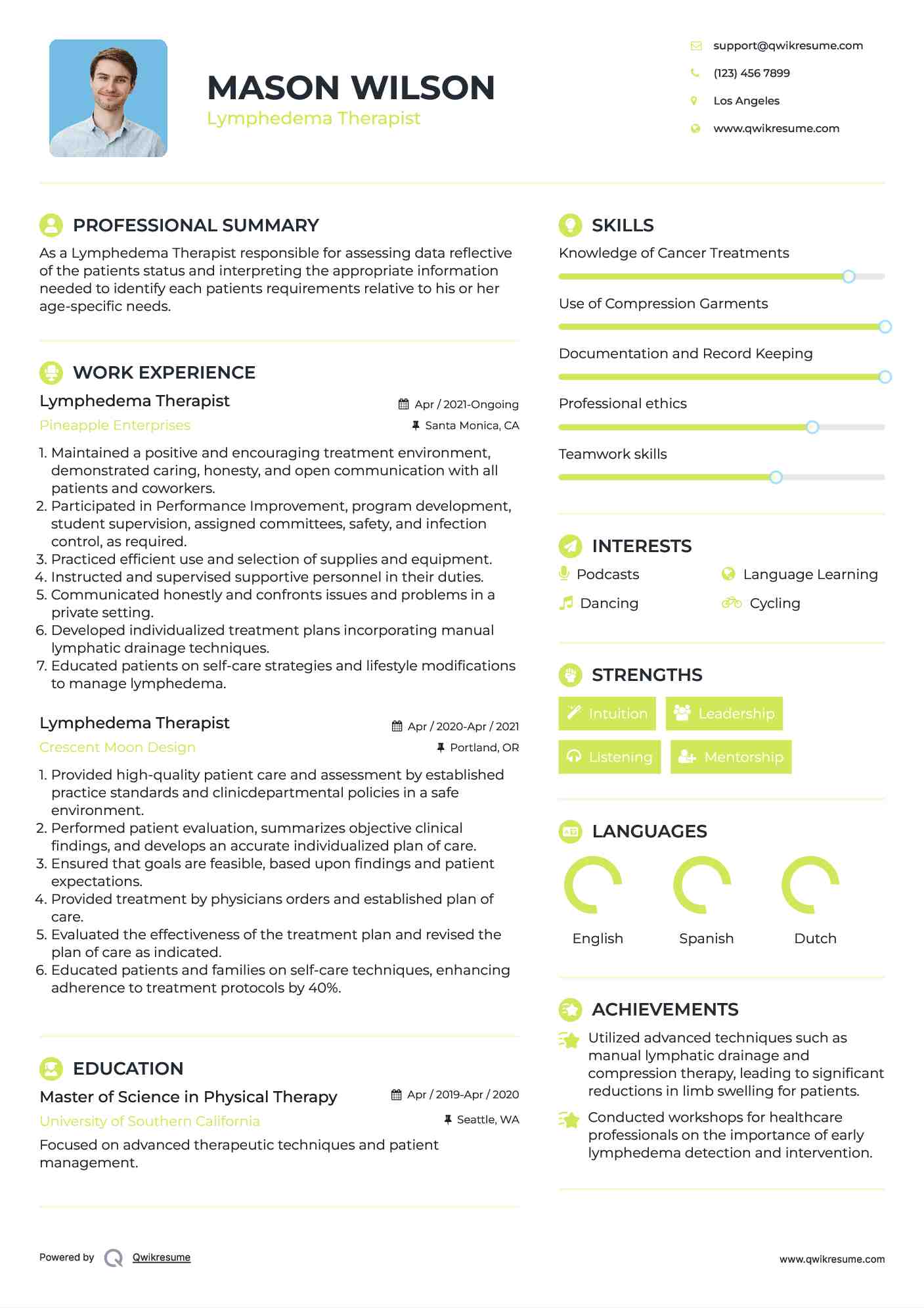 Lymphedema Therapist Resume Model