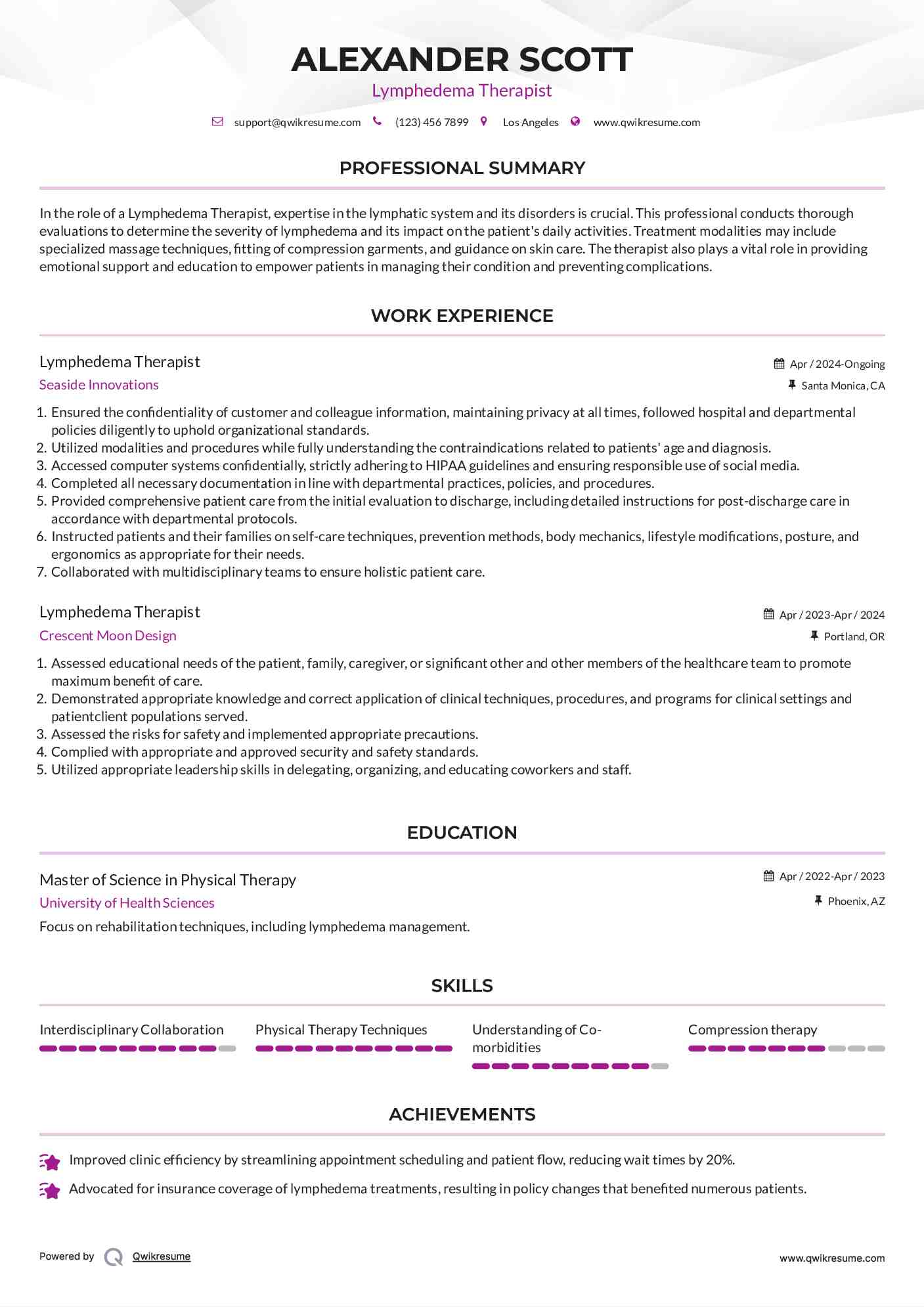 Lymphedema Therapist Resume Format