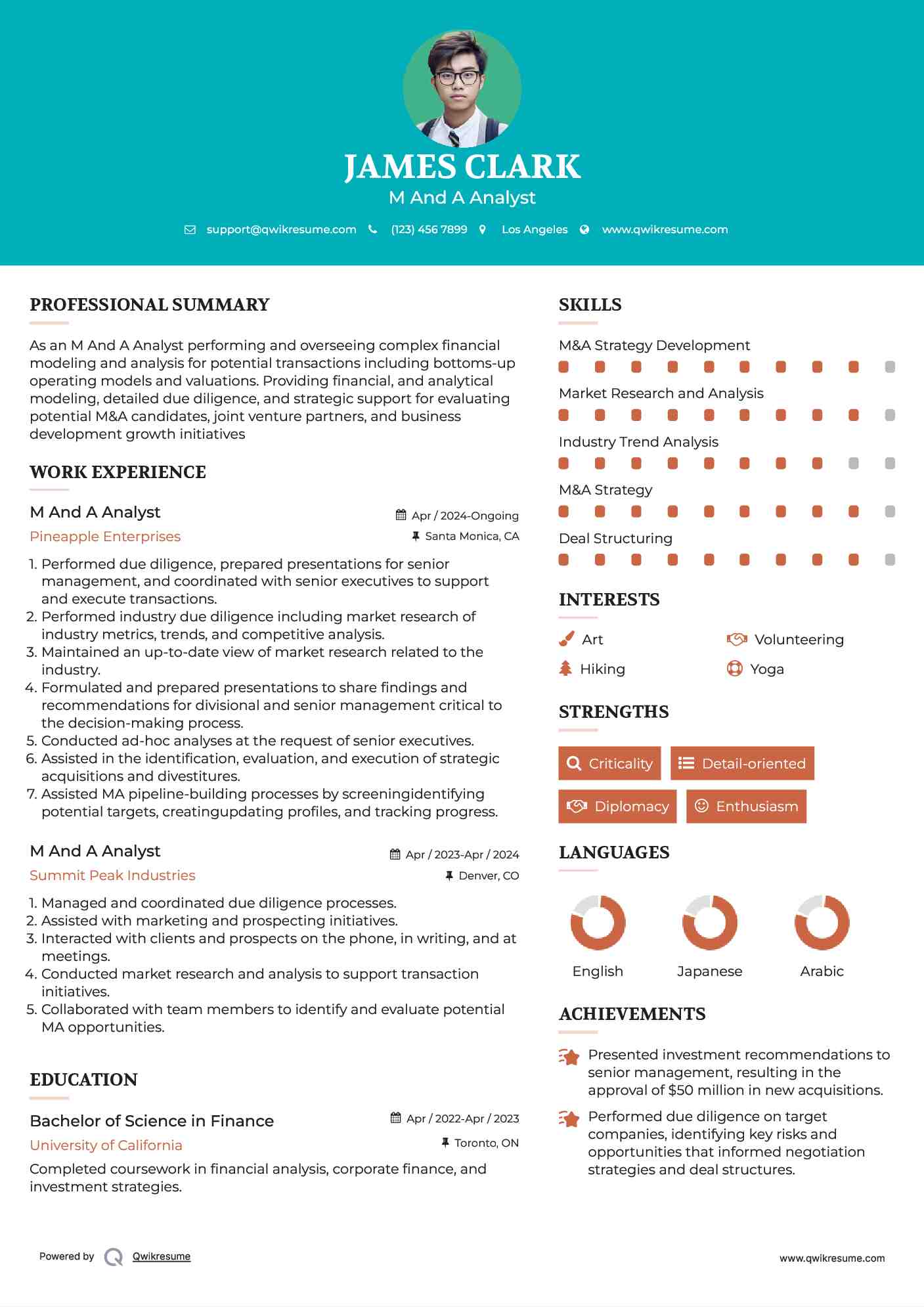 M And A Analyst Resume Example