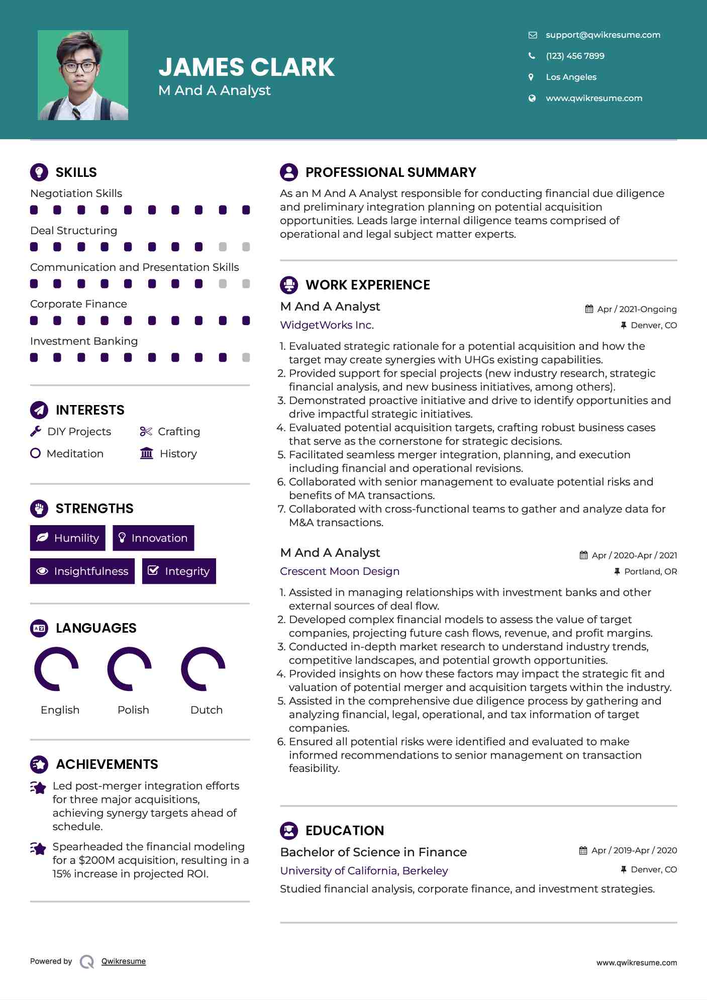 M And A Analyst Resume Format