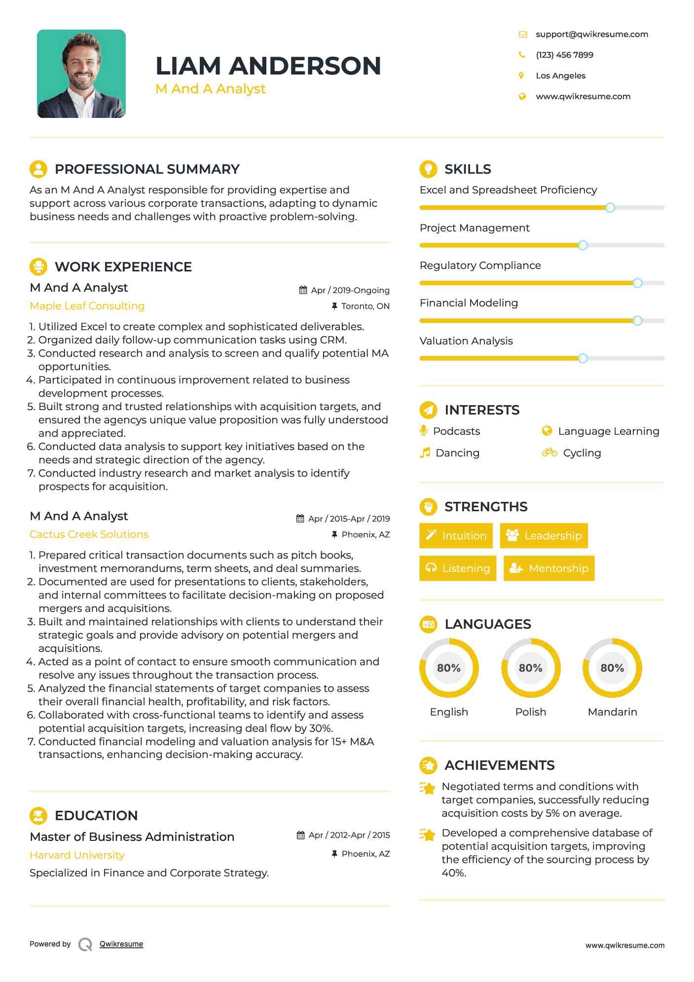M And A Analyst Resume Model