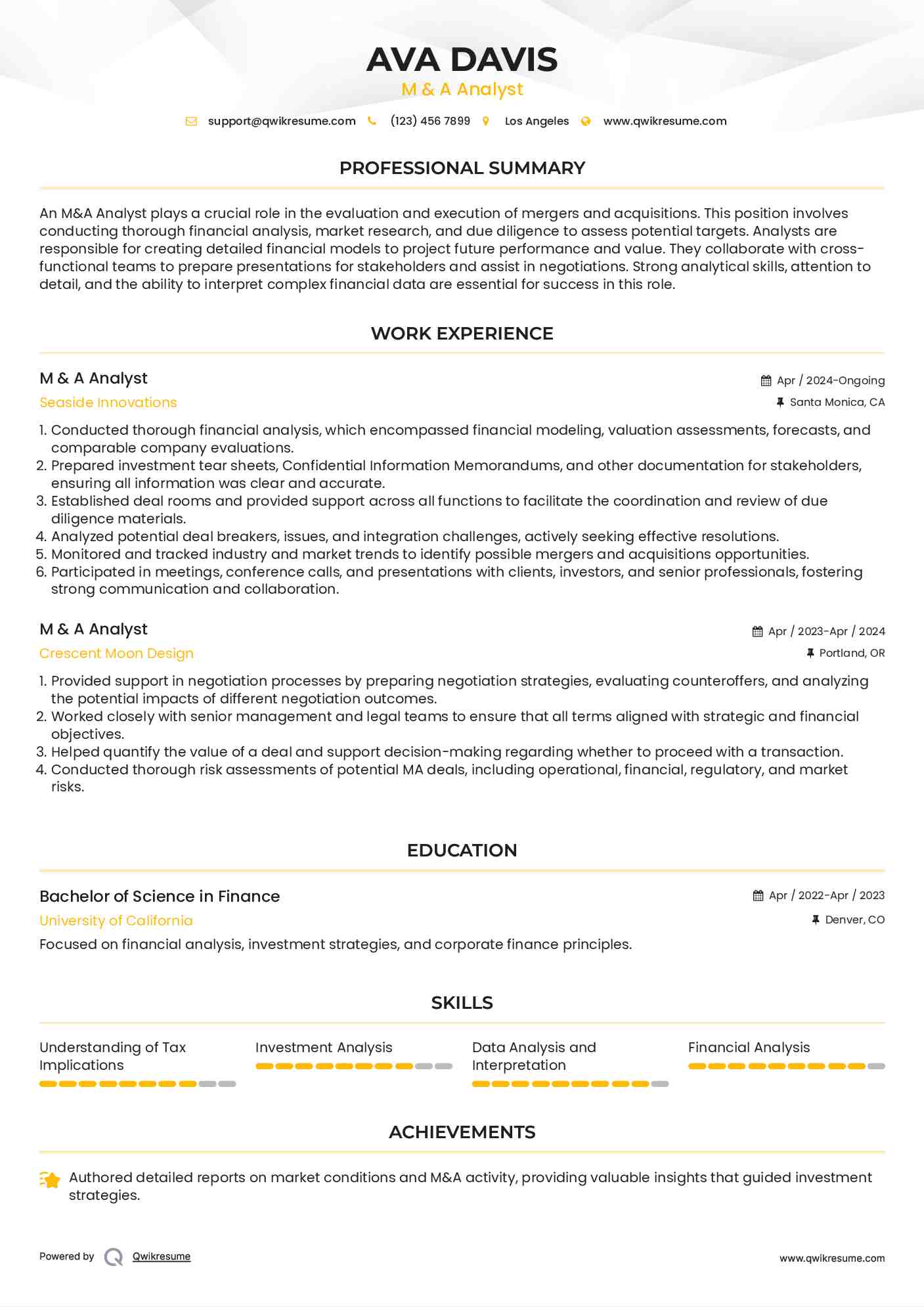 M & A Analyst Resume Model